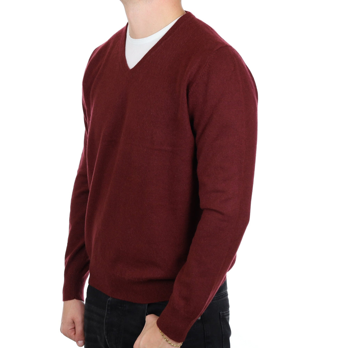 Men's Maroon Red Cashmere V Neck Jumper XXL