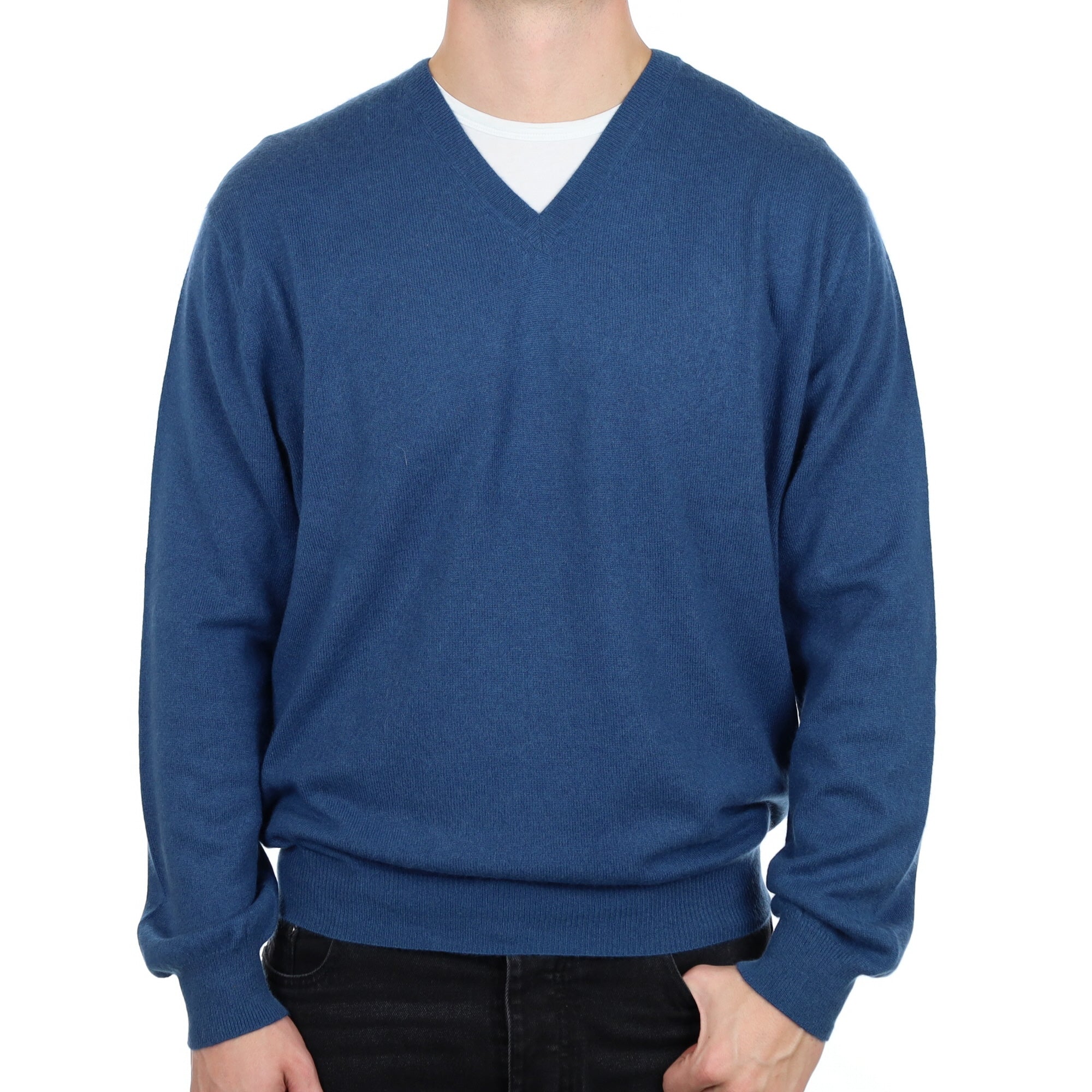 Men's Petrol Blue Cashmere V Neck Jumper XXL