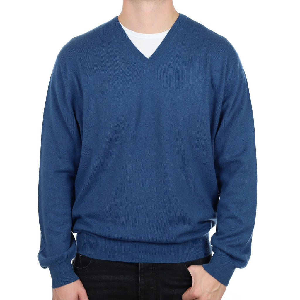 Men's Petrol Blue Cashmere V Neck Jumper XXL