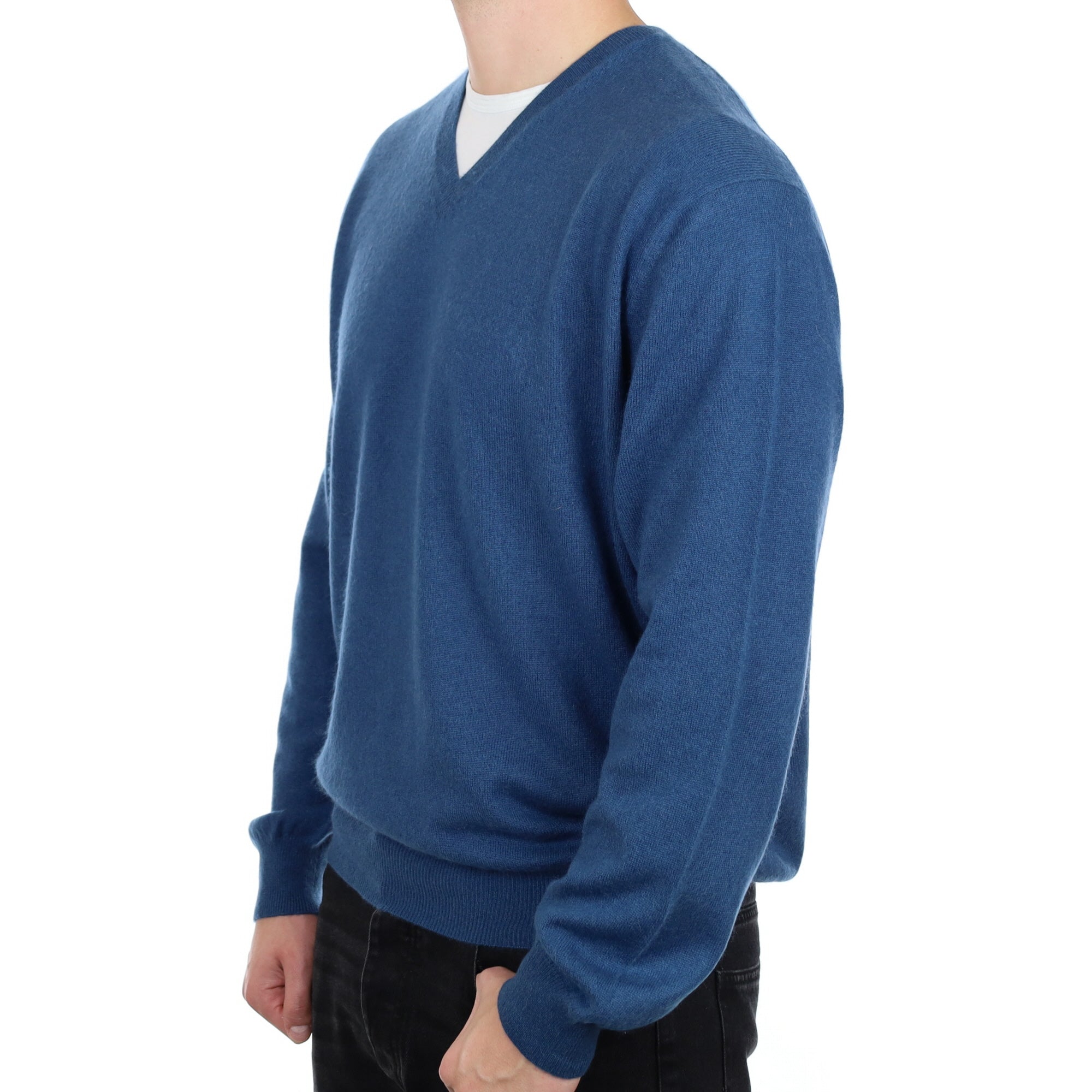 Men's Petrol Blue Cashmere V Neck Jumper XXL