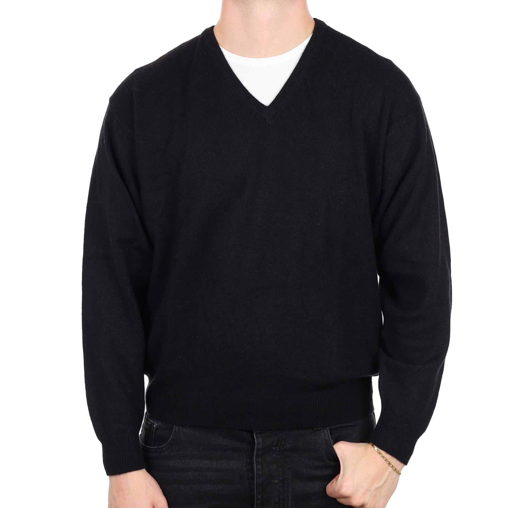 Men's Black Cashmere V Neck Jumper XXL