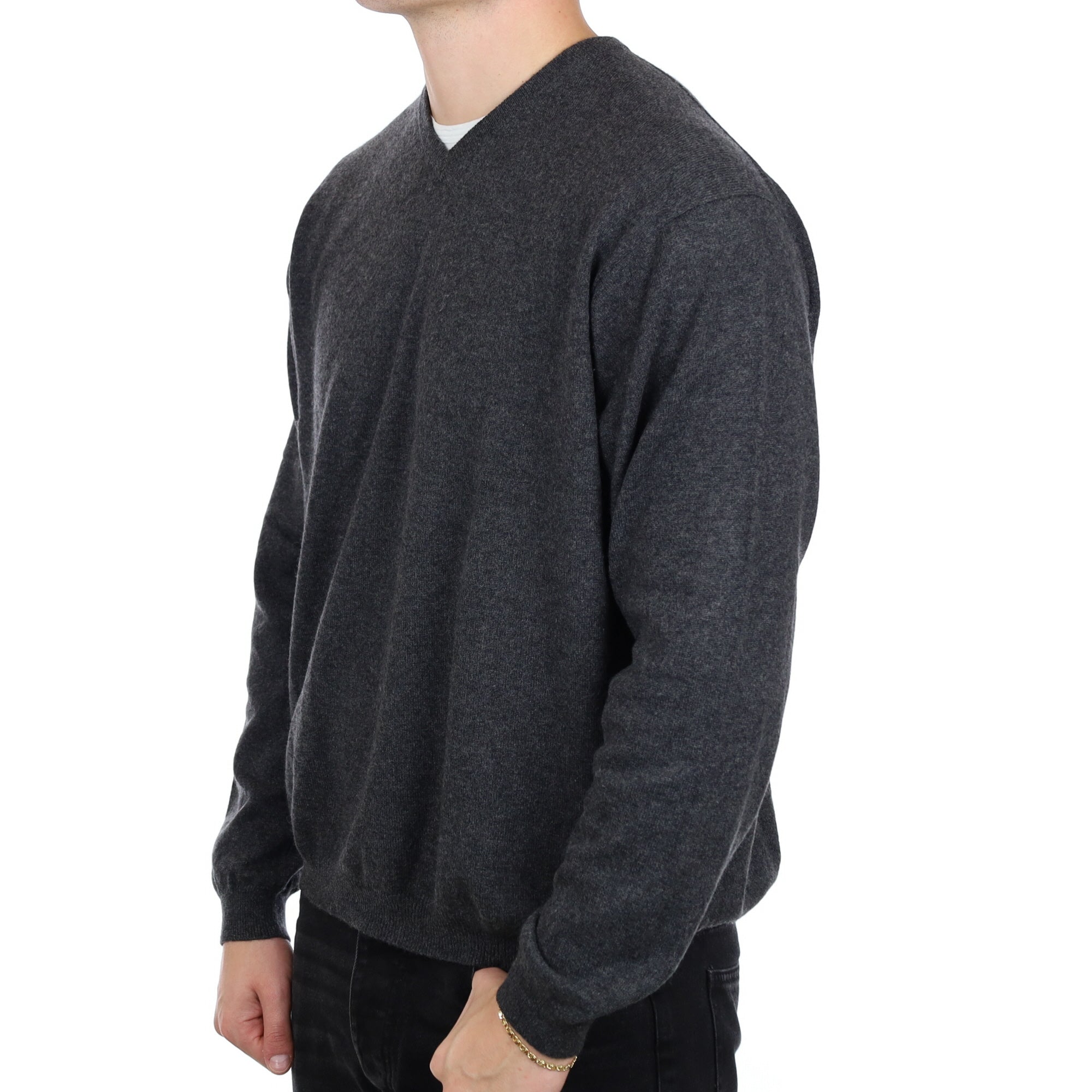 Men's Charcoal Grey Cashmere V Neck Jumper XXL