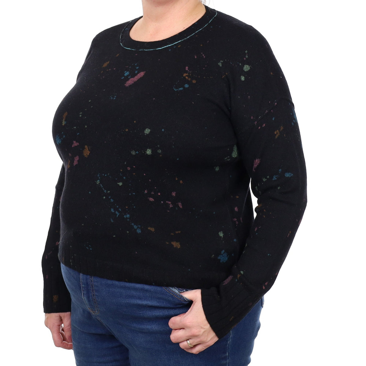 Black Paint Splatter Effect Cashmere Crew Neck Jumper Extra Large