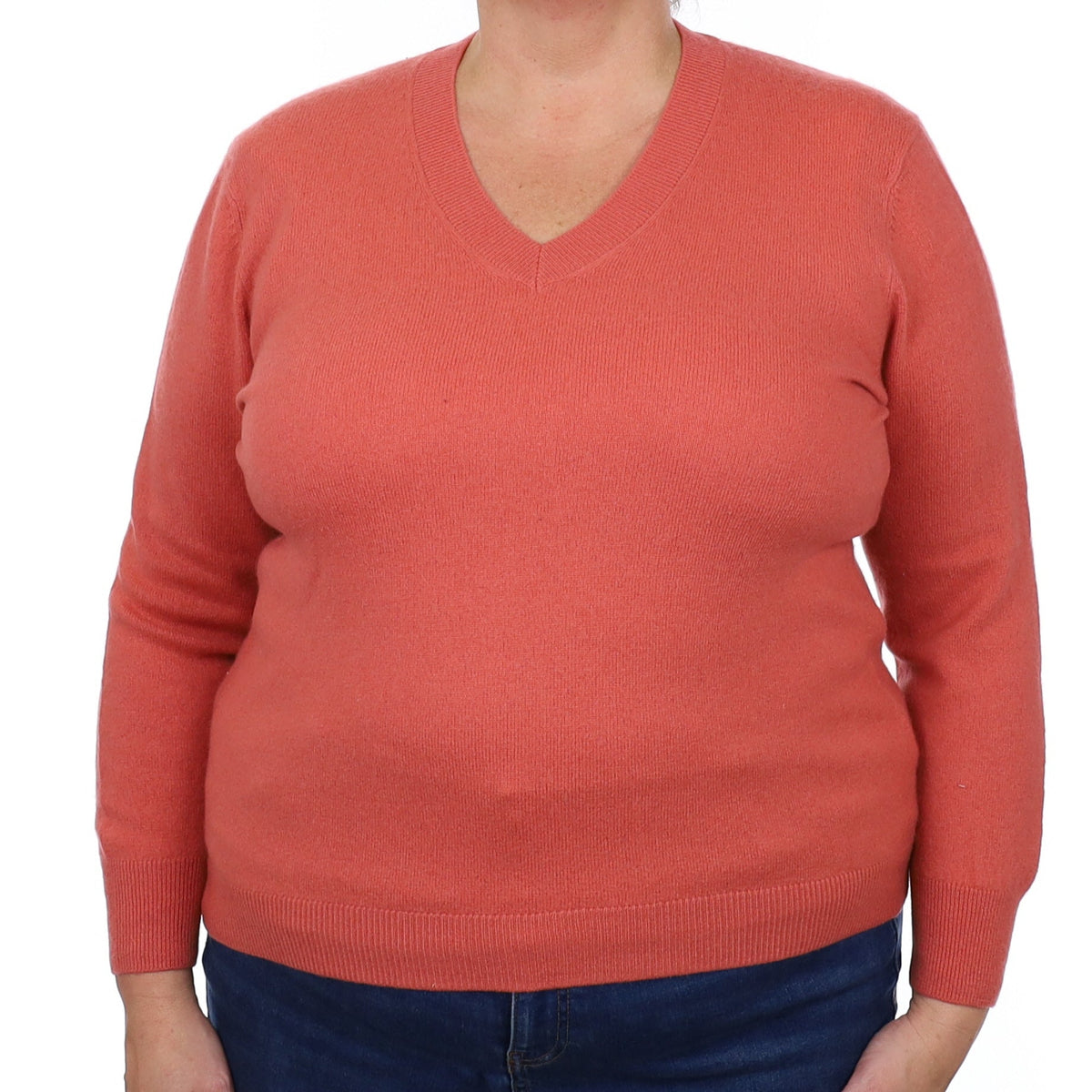 Deep Salmon Pink Cashmere V Neck Jumper Extra Large