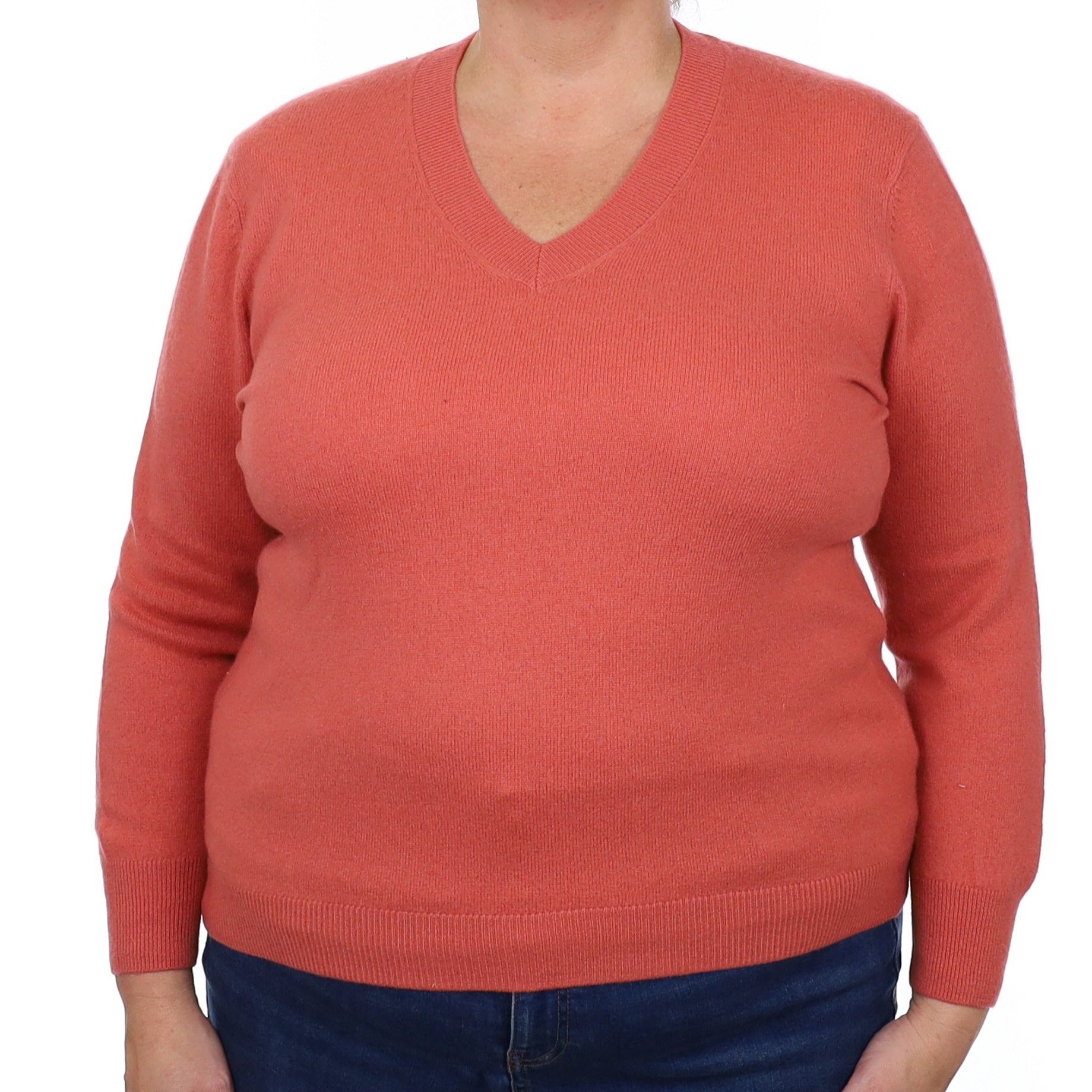 Deep Salmon Pink Cashmere V Neck Jumper Extra Large