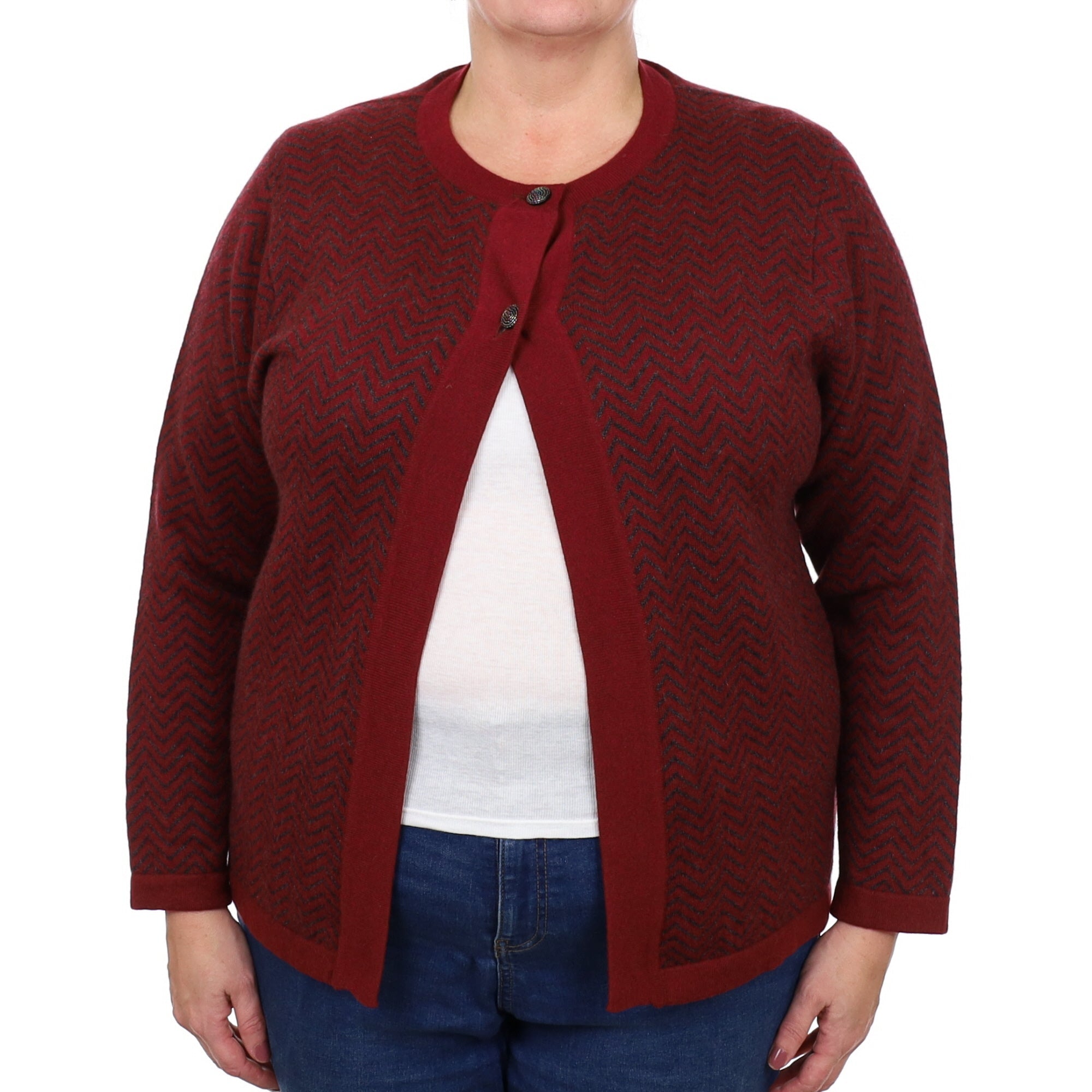 Burgundy Red Patterned Cashmere Cardigan Extra Large