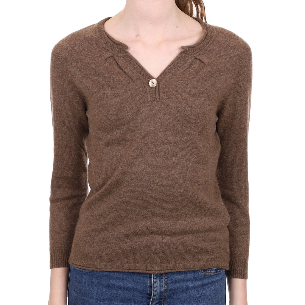 Mocha Brown Cashmere Notch V Neck Jumper Extra Small
