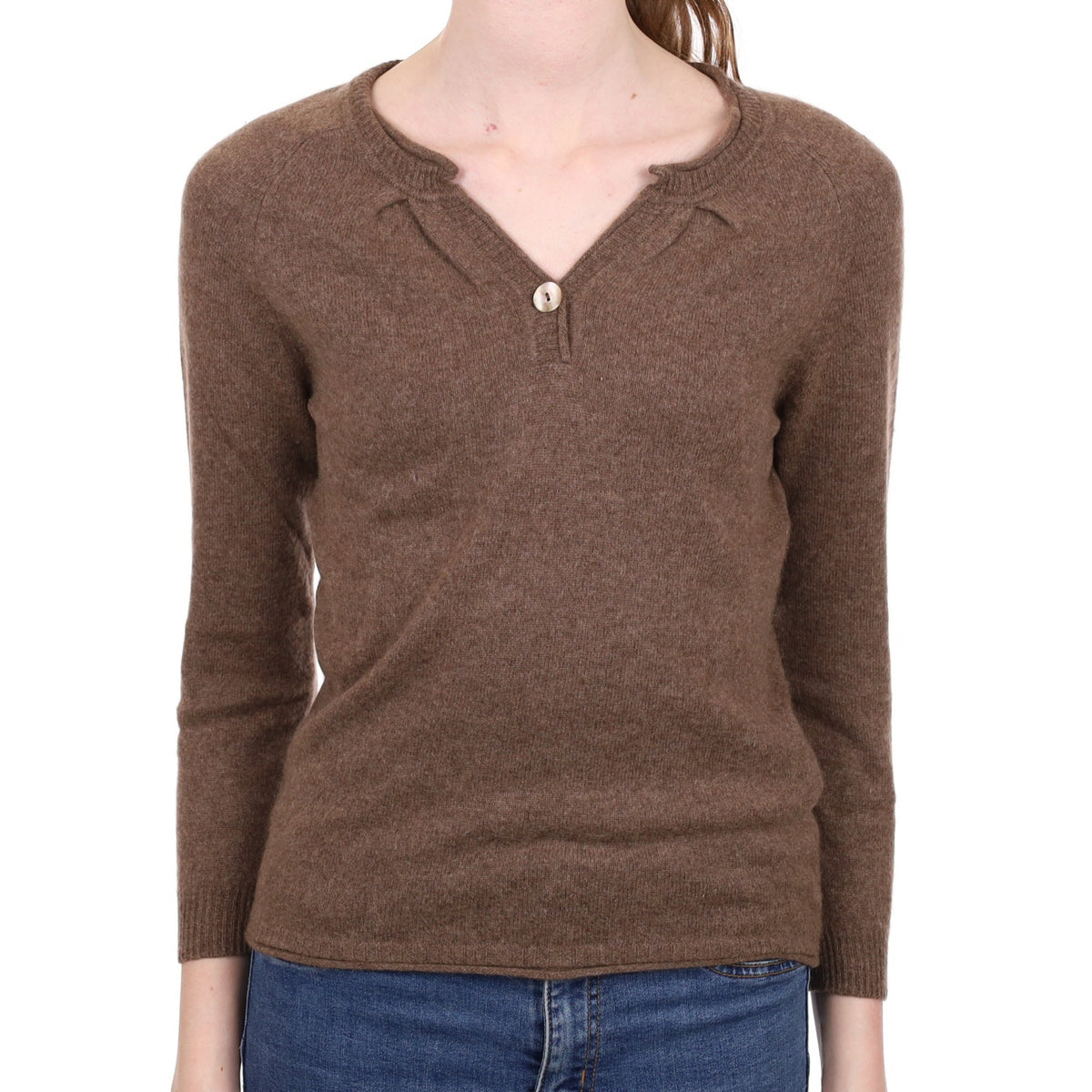 Mocha Brown Cashmere Notch V Neck Jumper Extra Small