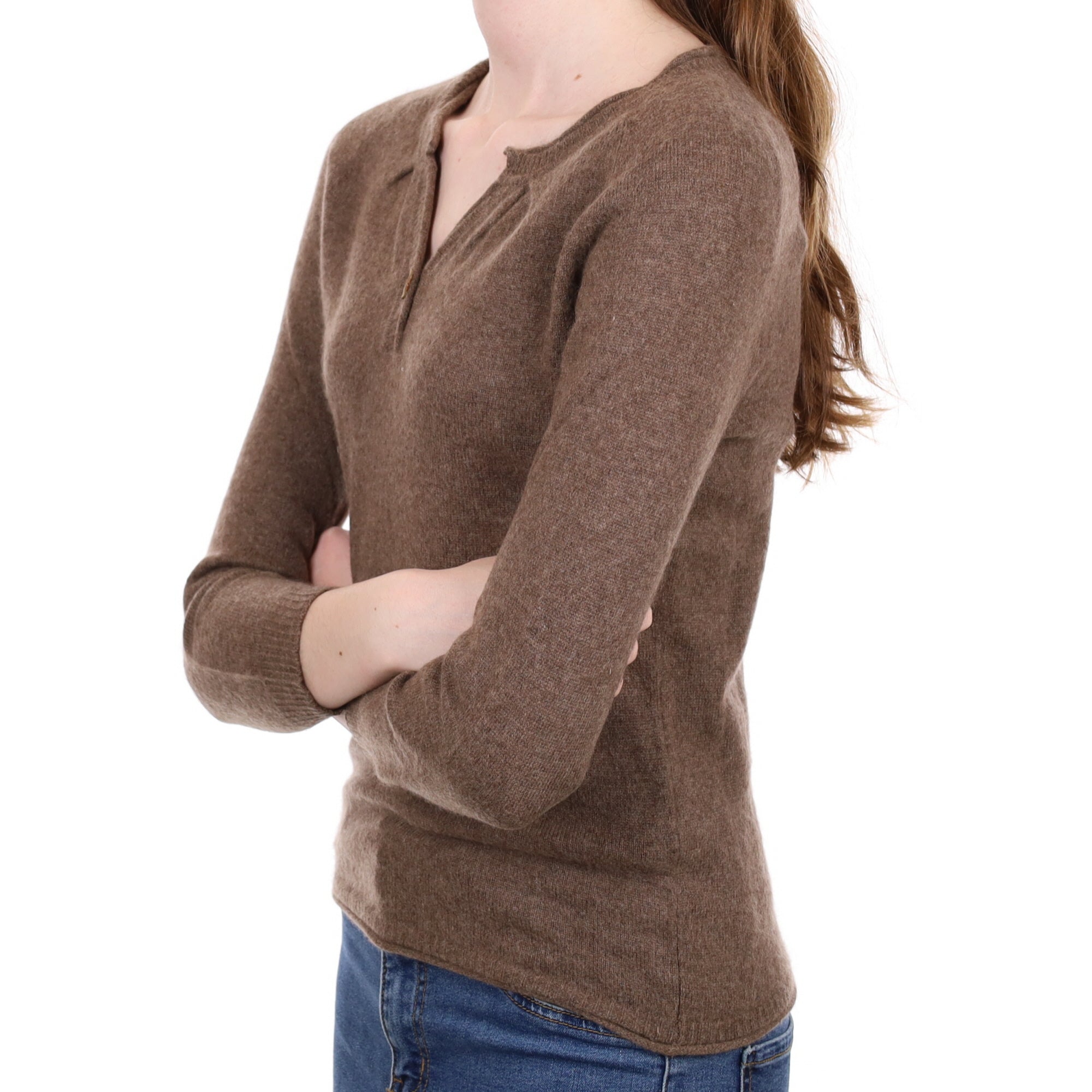 Mocha Brown Cashmere Notch V Neck Jumper Extra Small