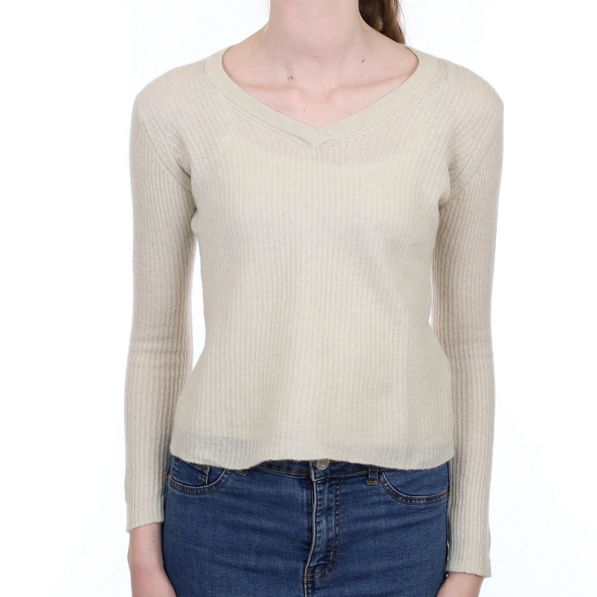 Frost Grey Cashmere V Neck Rib Knit Jumper Extra Small