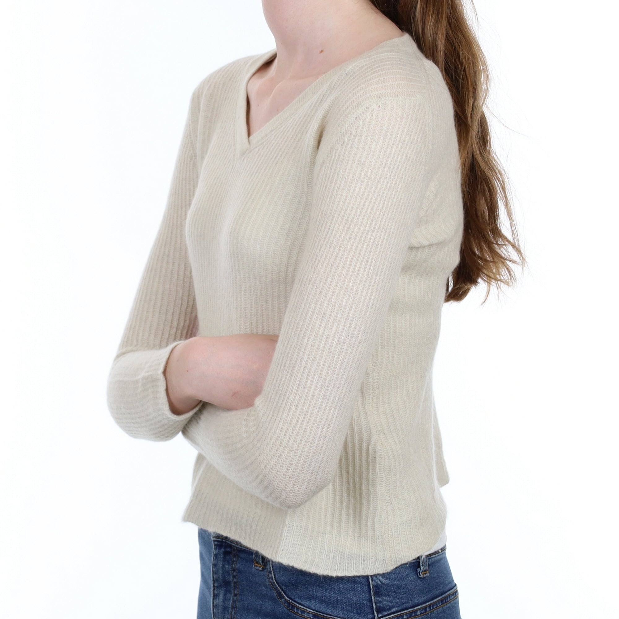 Frost Grey Cashmere V Neck Rib Knit Jumper Extra Small
