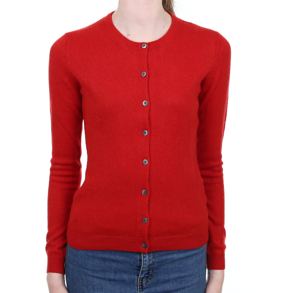Post Box Red Cashmere Crew Neck Cardigan Extra Small