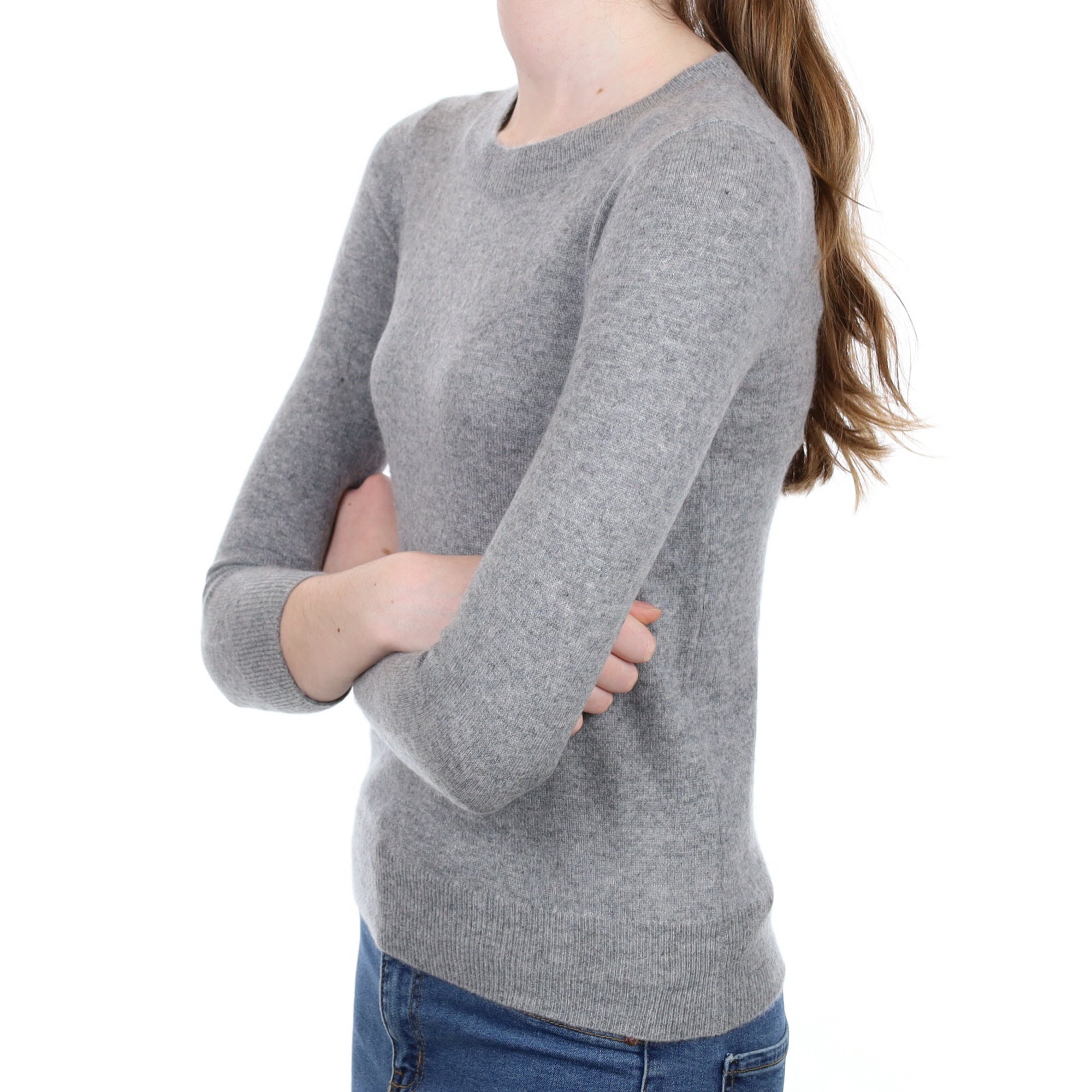 Ash Grey Cashmere 3/4 Sleeve Crew Neck Jumper Extra Small