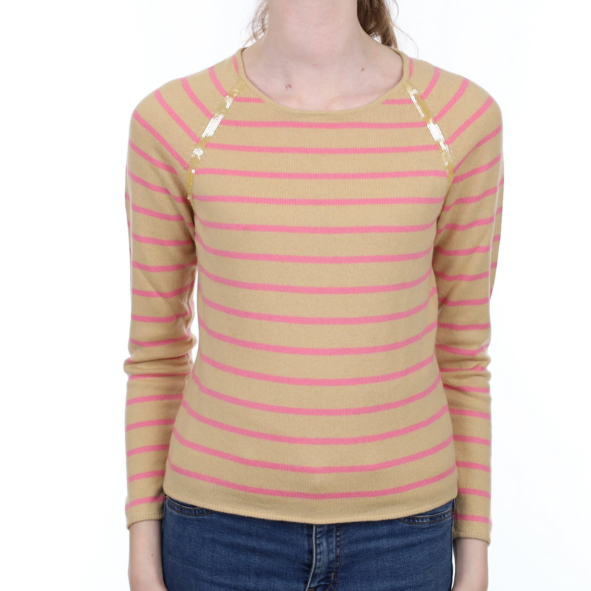 Caramel and Pink Stripe Cashmere Crew Neck Jumper Extra Small