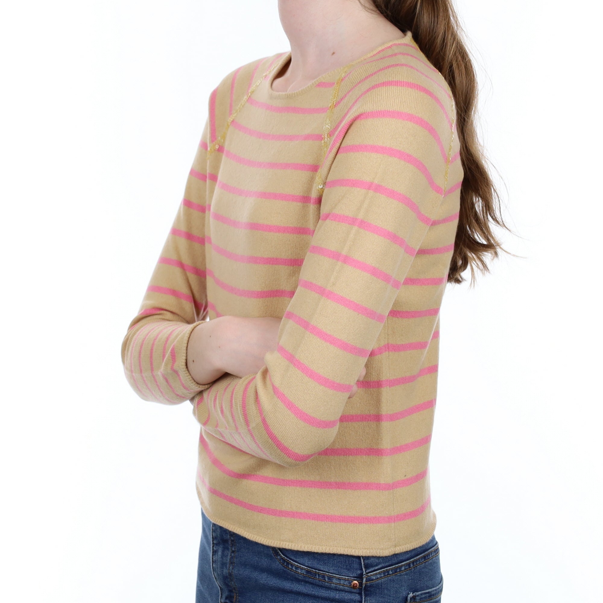 Caramel and Pink Stripe Cashmere Crew Neck Jumper Extra Small
