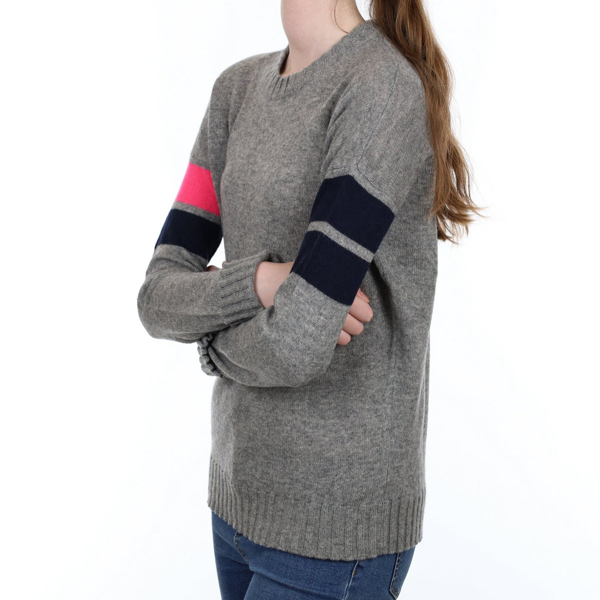 Grey Sleeve Stripe Cashmere Crew Neck Jumper Extra Small