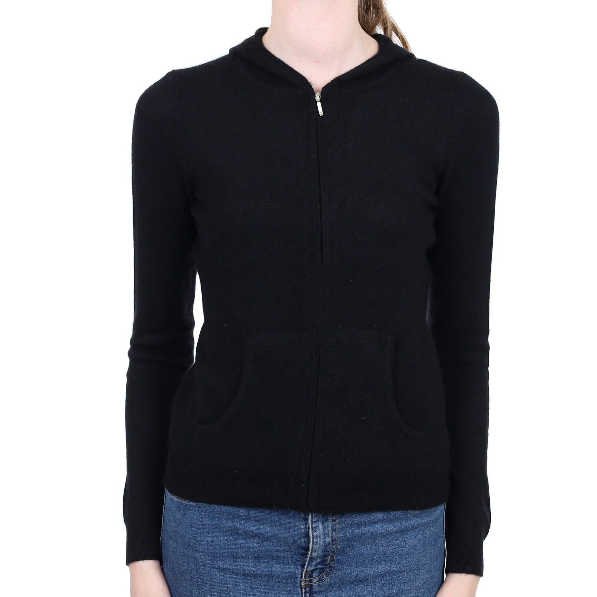 Black Cashmere Zip Up Hoodie Cardigan with Pockets Extra Small