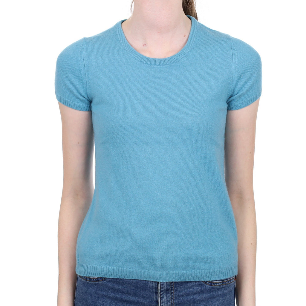 Aqua Blue Cashmere Short Sleeve Crew Neck Jumper Extra Small