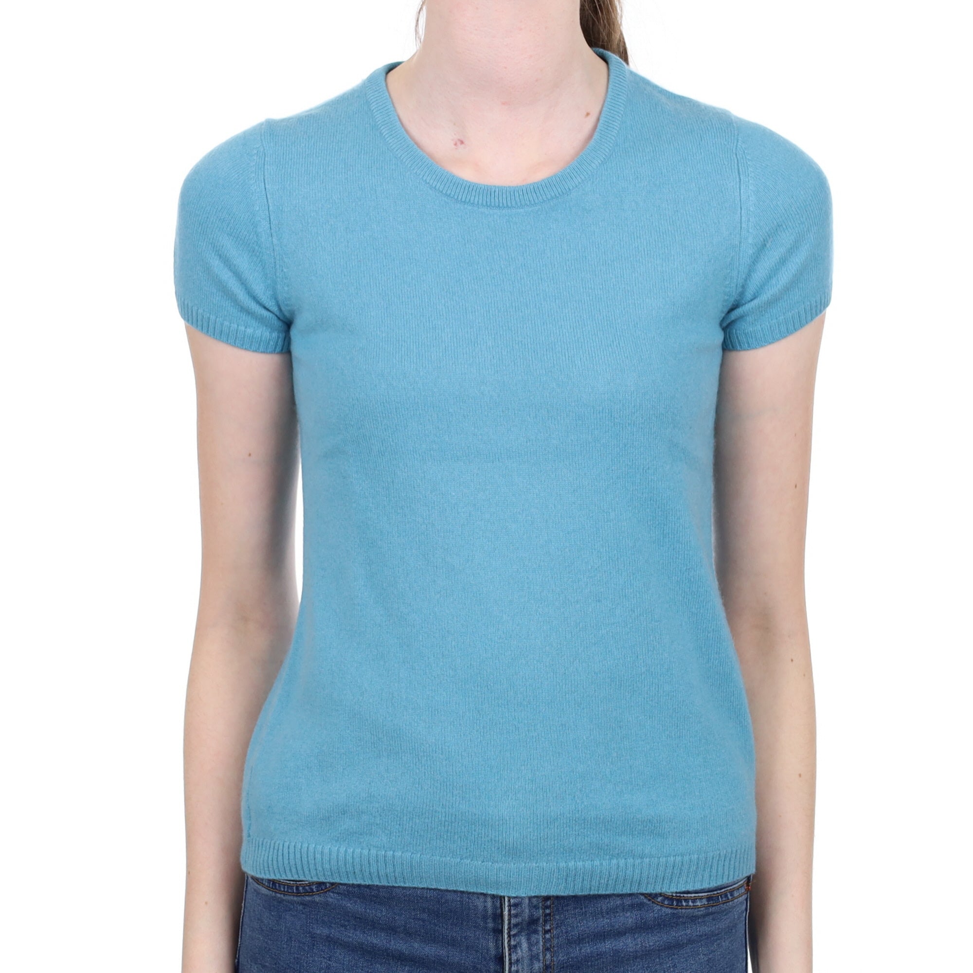 Aqua Blue Cashmere Short Sleeve Crew Neck Jumper Extra Small
