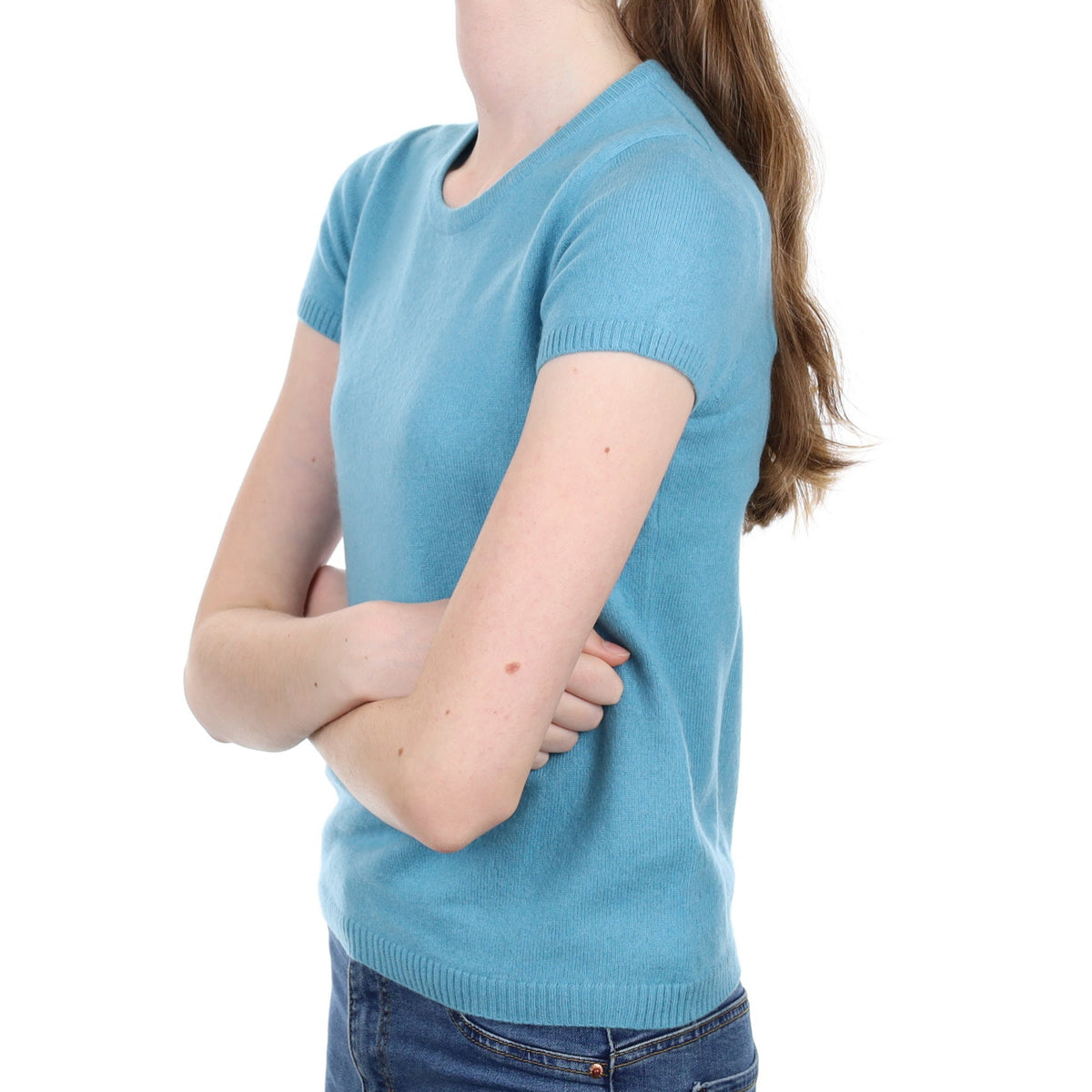 Aqua Blue Cashmere Short Sleeve Crew Neck Jumper Extra Small