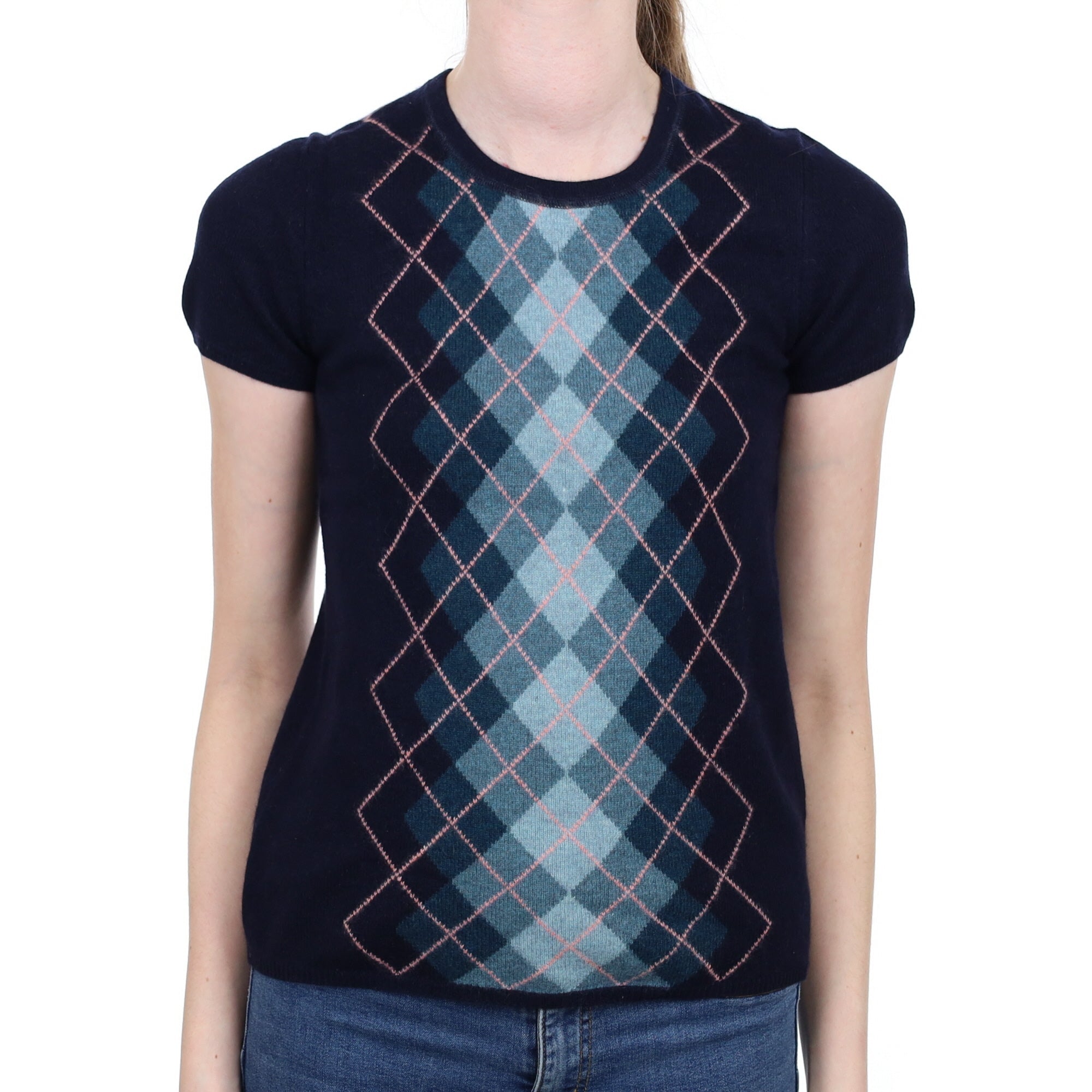 Navy Argyle Cashmere Short Sleeve Crew Neck Jumper Extra Small