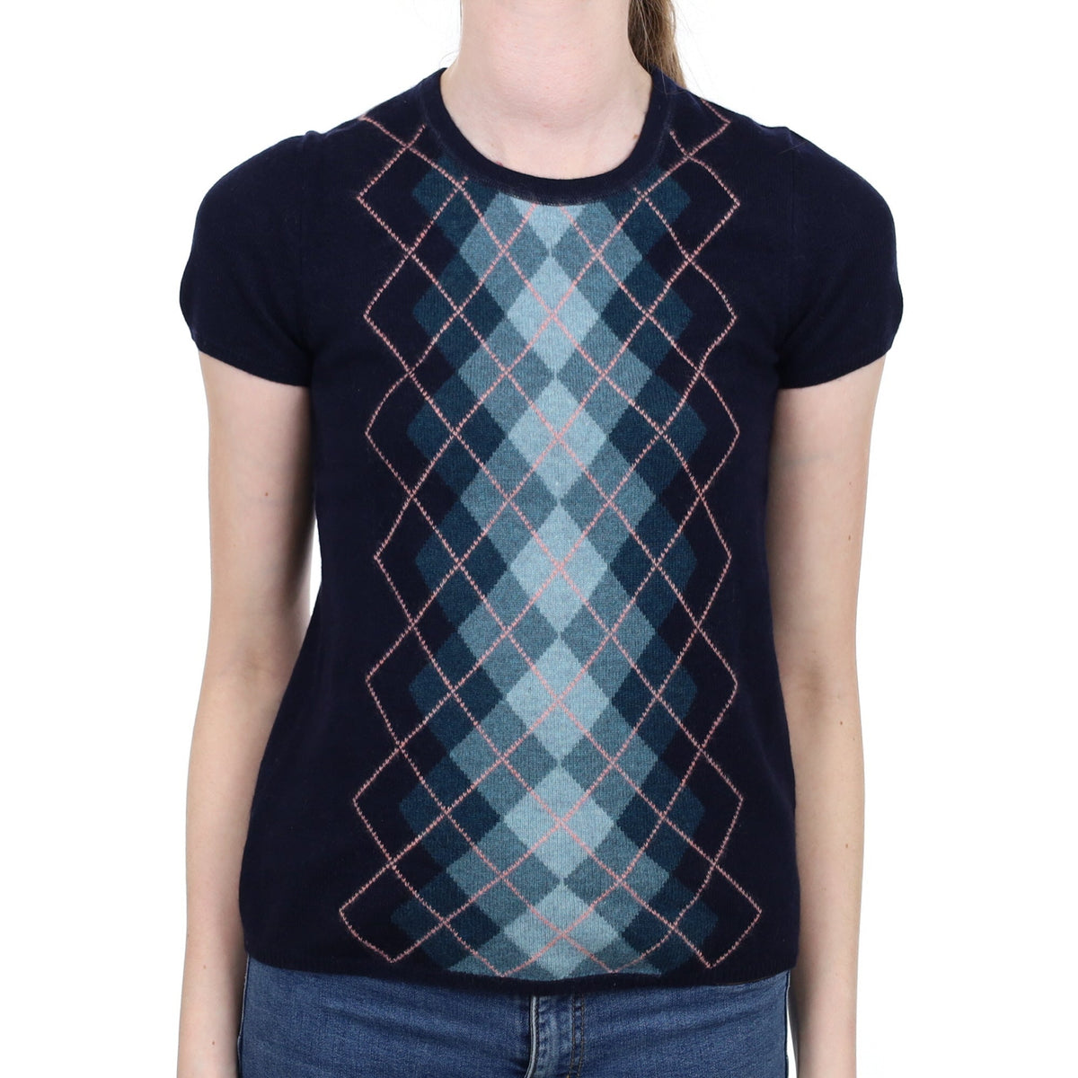 Navy Argyle Cashmere Short Sleeve Crew Neck Jumper Extra Small