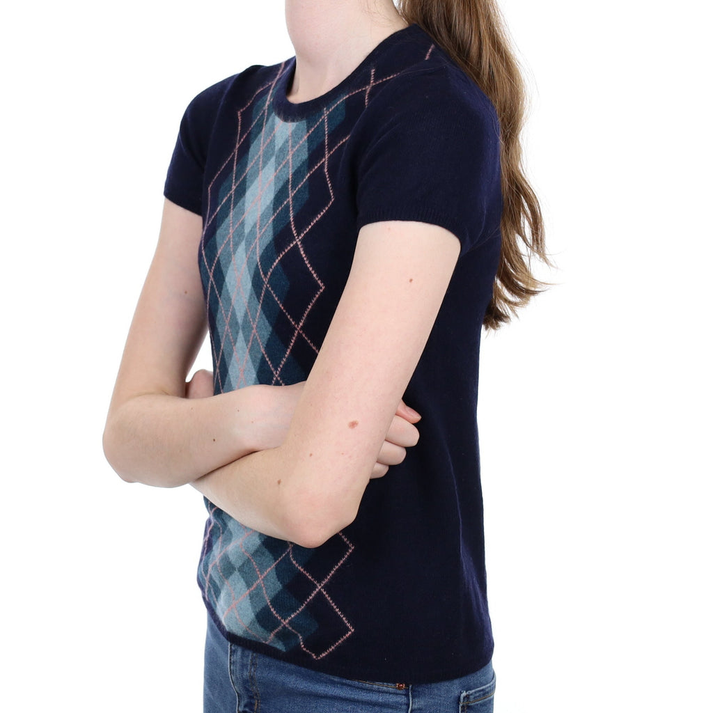 Navy Argyle Cashmere Short Sleeve Crew Neck Jumper Extra Small