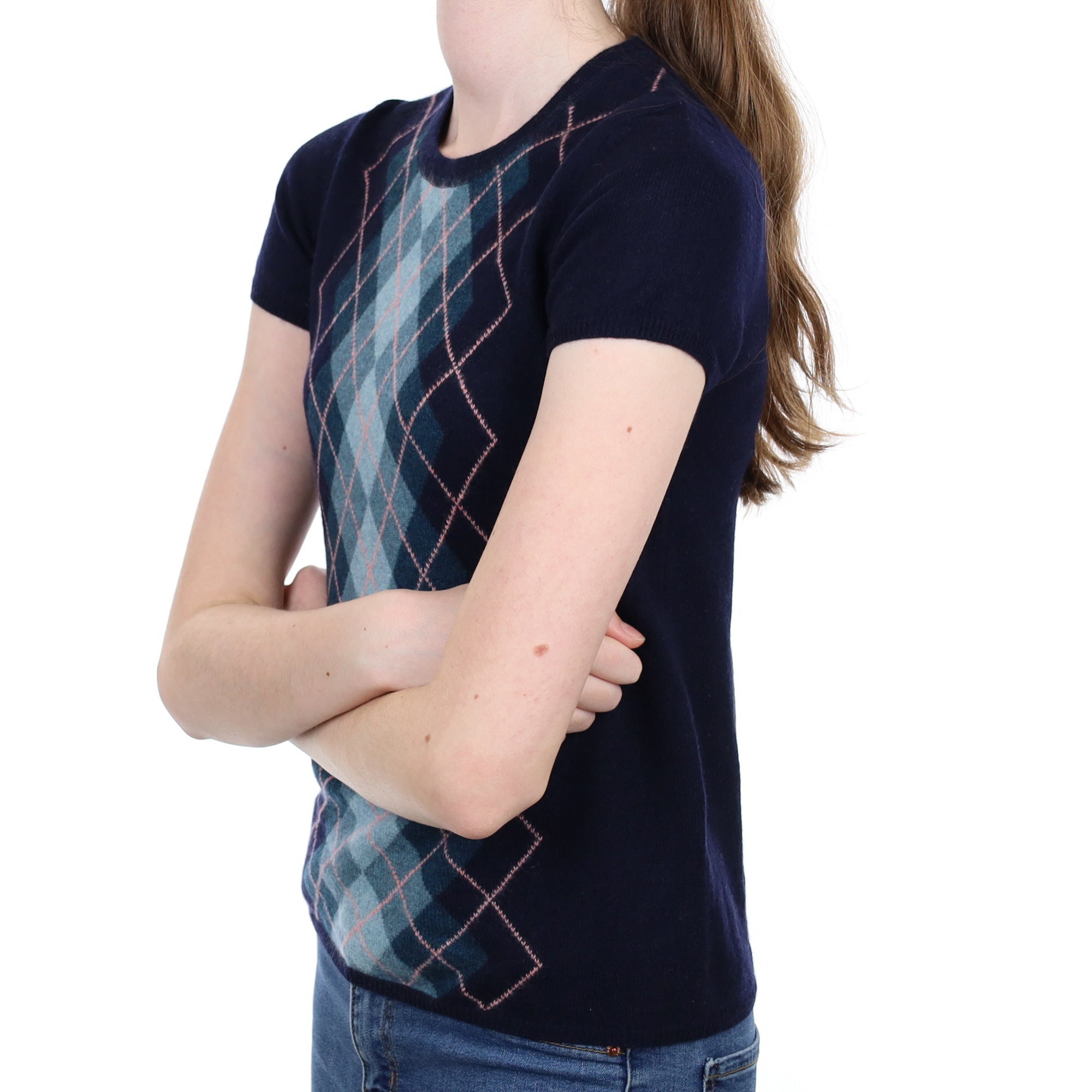 Navy Argyle Cashmere Short Sleeve Crew Neck Jumper Extra Small