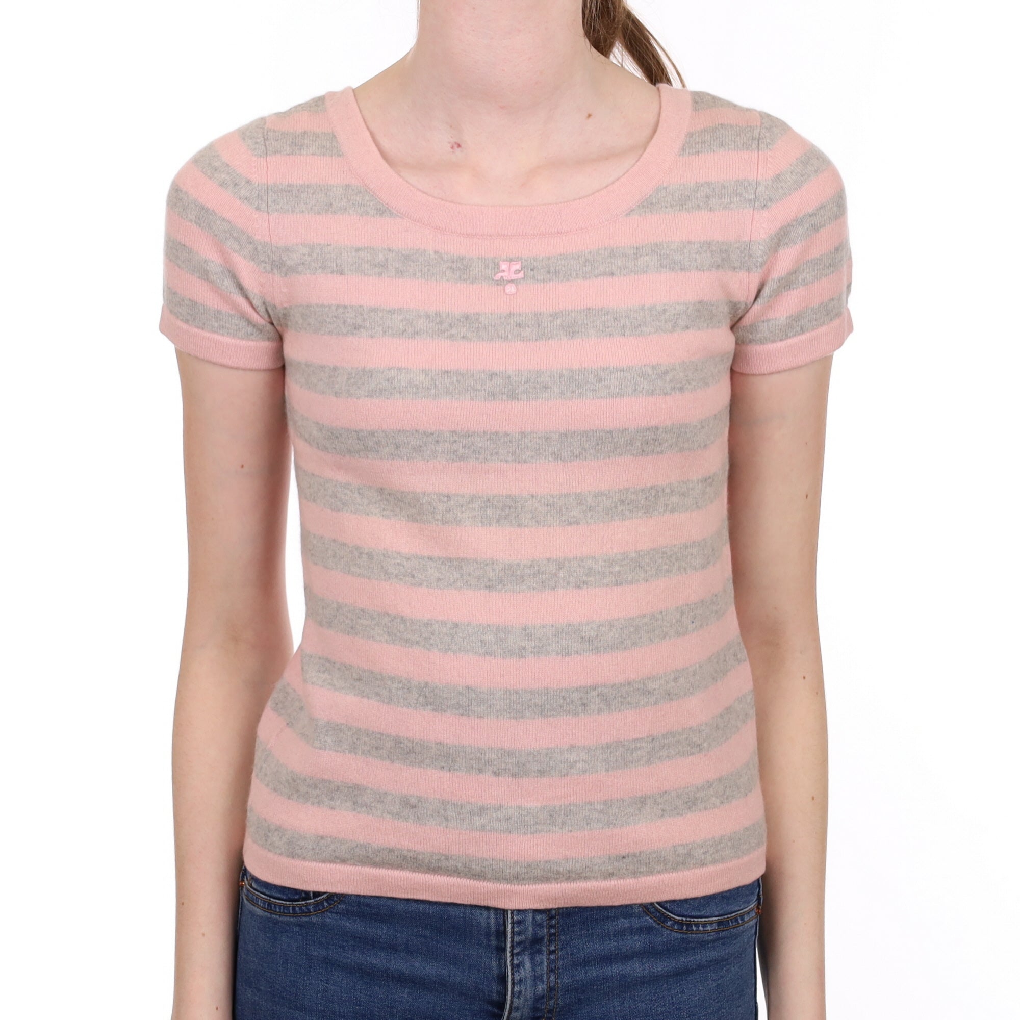 Pink and Grey Stripe Cashmere Short Sleeve Scoop Neck Jumper Extra Small