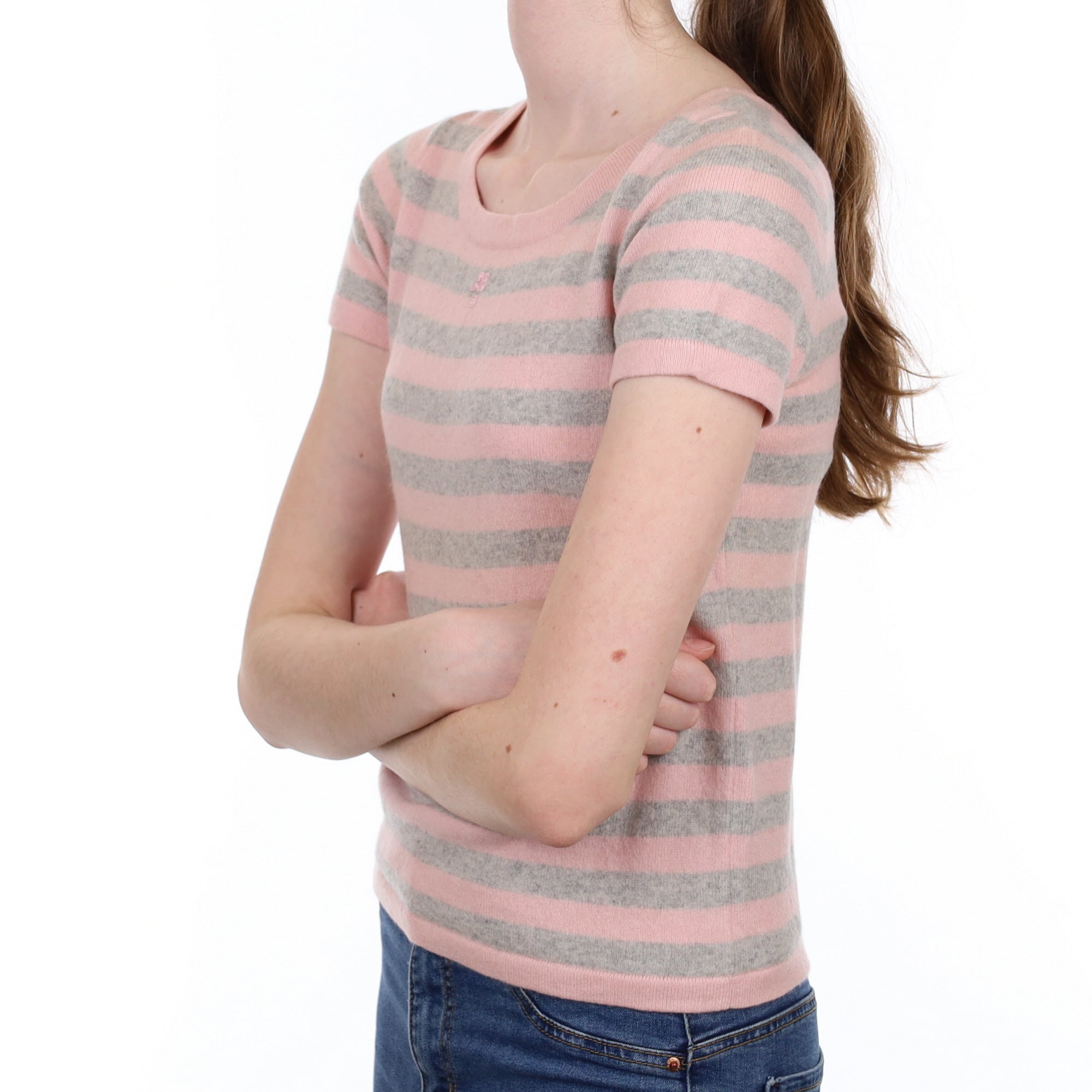 Pink and Grey Stripe Cashmere Short Sleeve Scoop Neck Jumper Extra Small