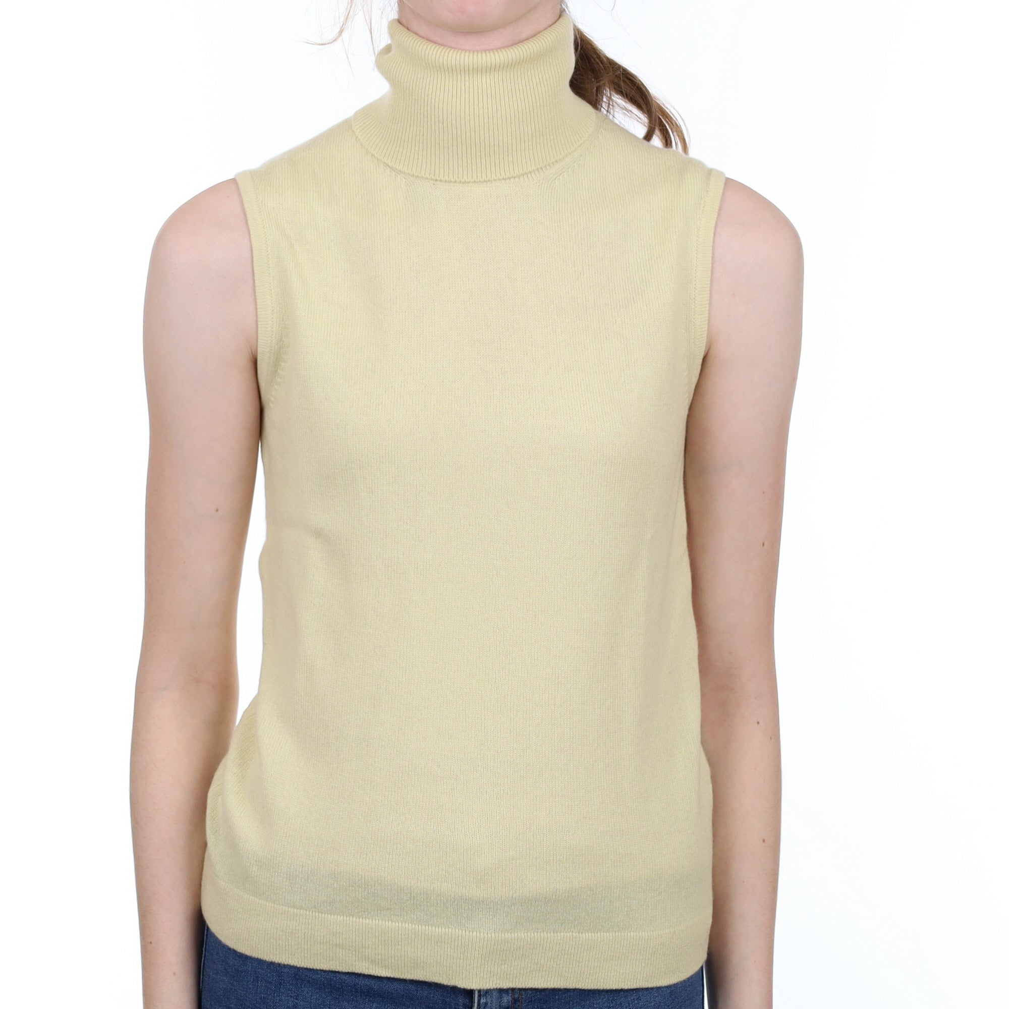 Pale Yellow Cashmere Sleeveless Polo Neck Jumper Extra Small
