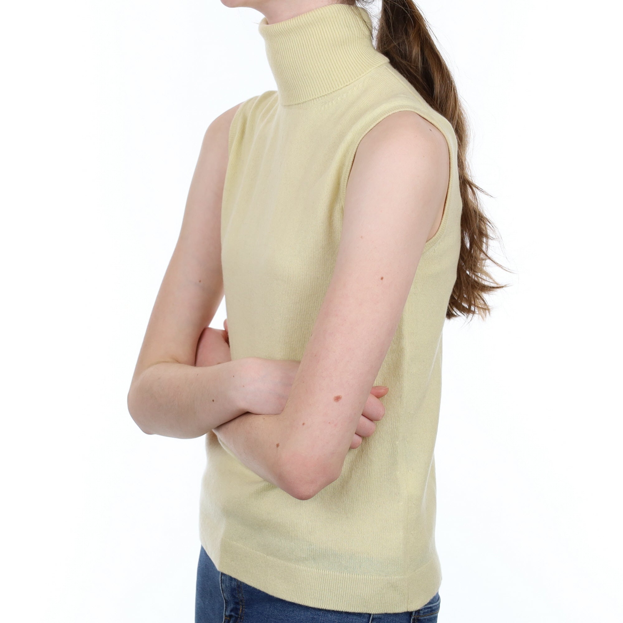 Pale Yellow Cashmere Sleeveless Polo Neck Jumper Extra Small