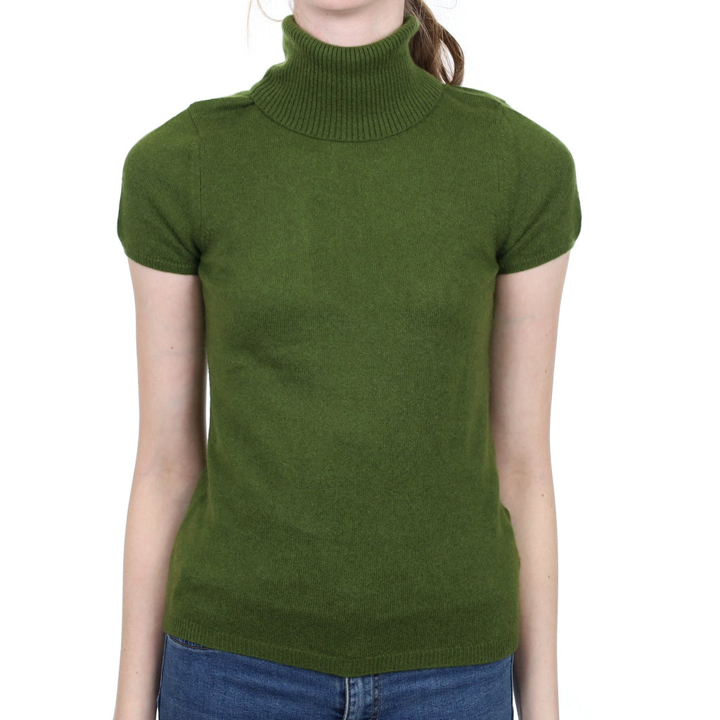 Basil Green Cashmere Short Sleeve Polo Neck Jumper Extra Small