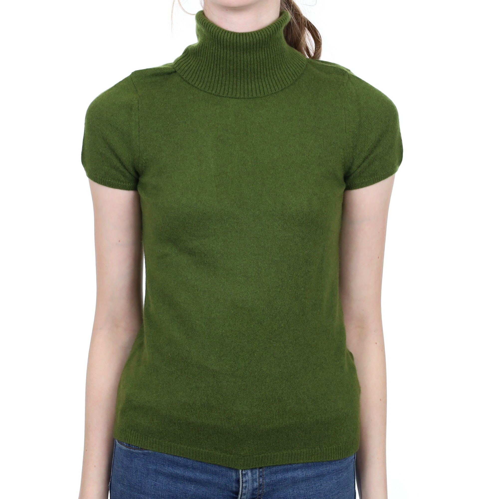 Basil Green Cashmere Short Sleeve Polo Neck Jumper Extra Small