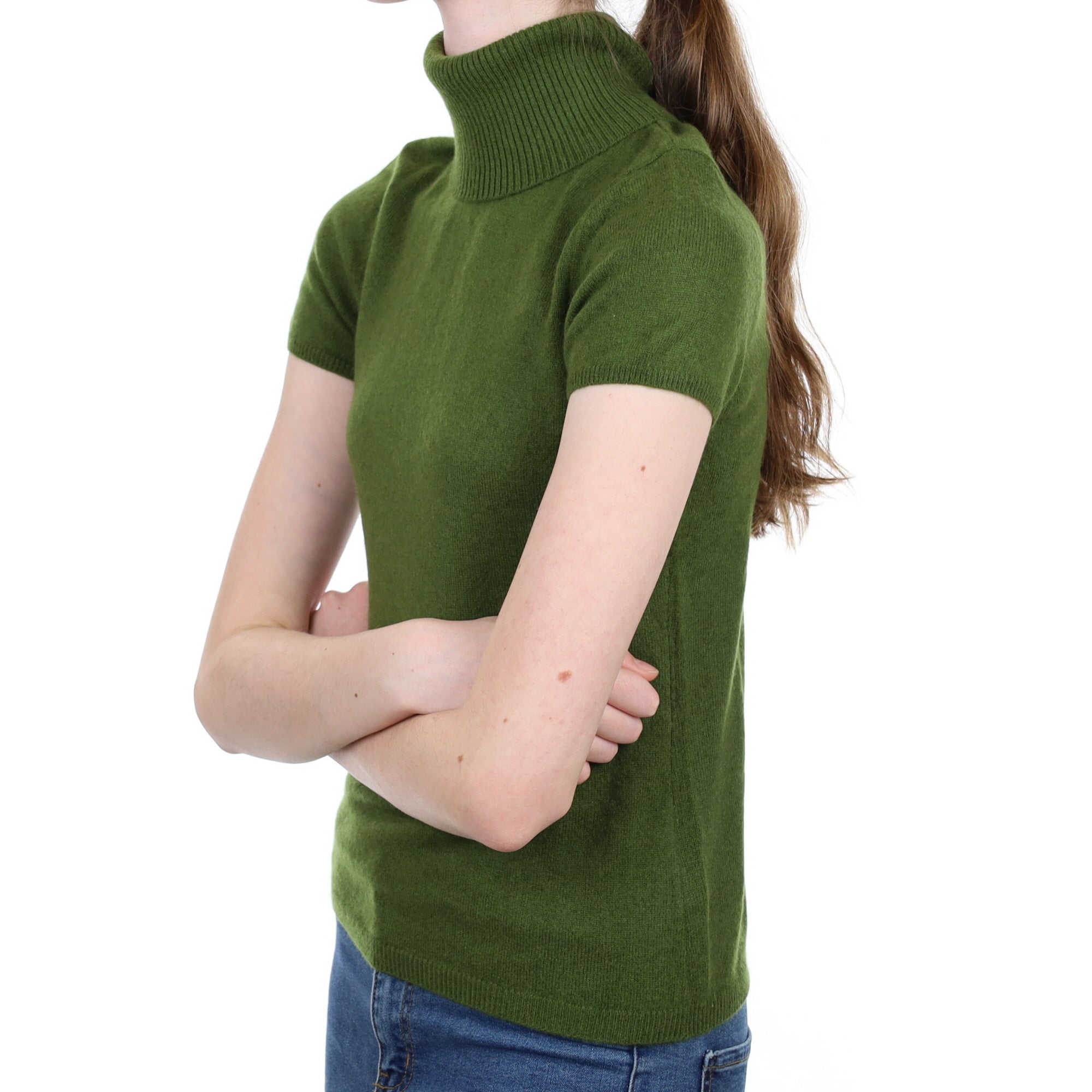 Basil Green Cashmere Short Sleeve Polo Neck Jumper Extra Small