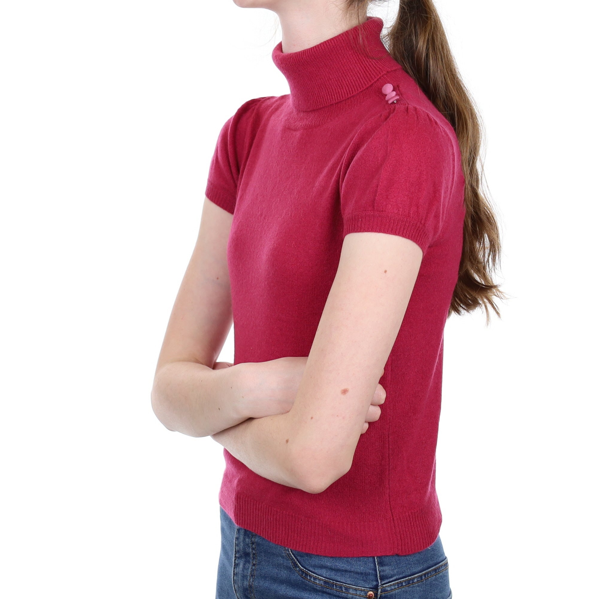 Cherry Pink Cashmere Short Sleeve Polo Neck Jumper Extra Small