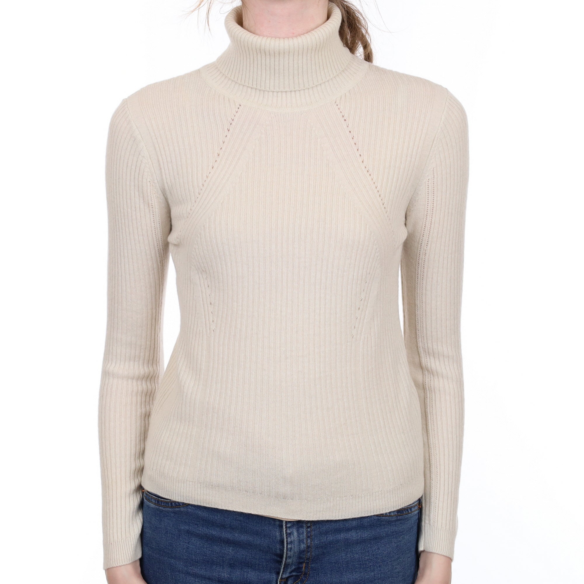 Cream Skinny Rib Cashmere Polo Neck Jumper Extra Small