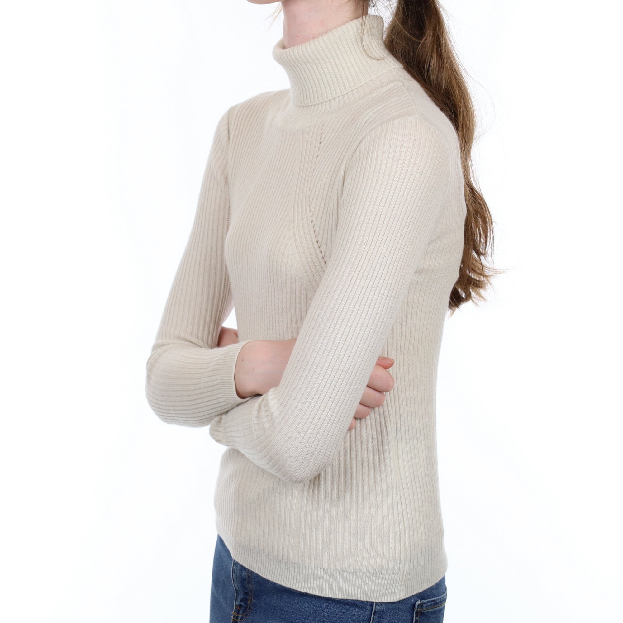 Cream Skinny Rib Cashmere Polo Neck Jumper Extra Small