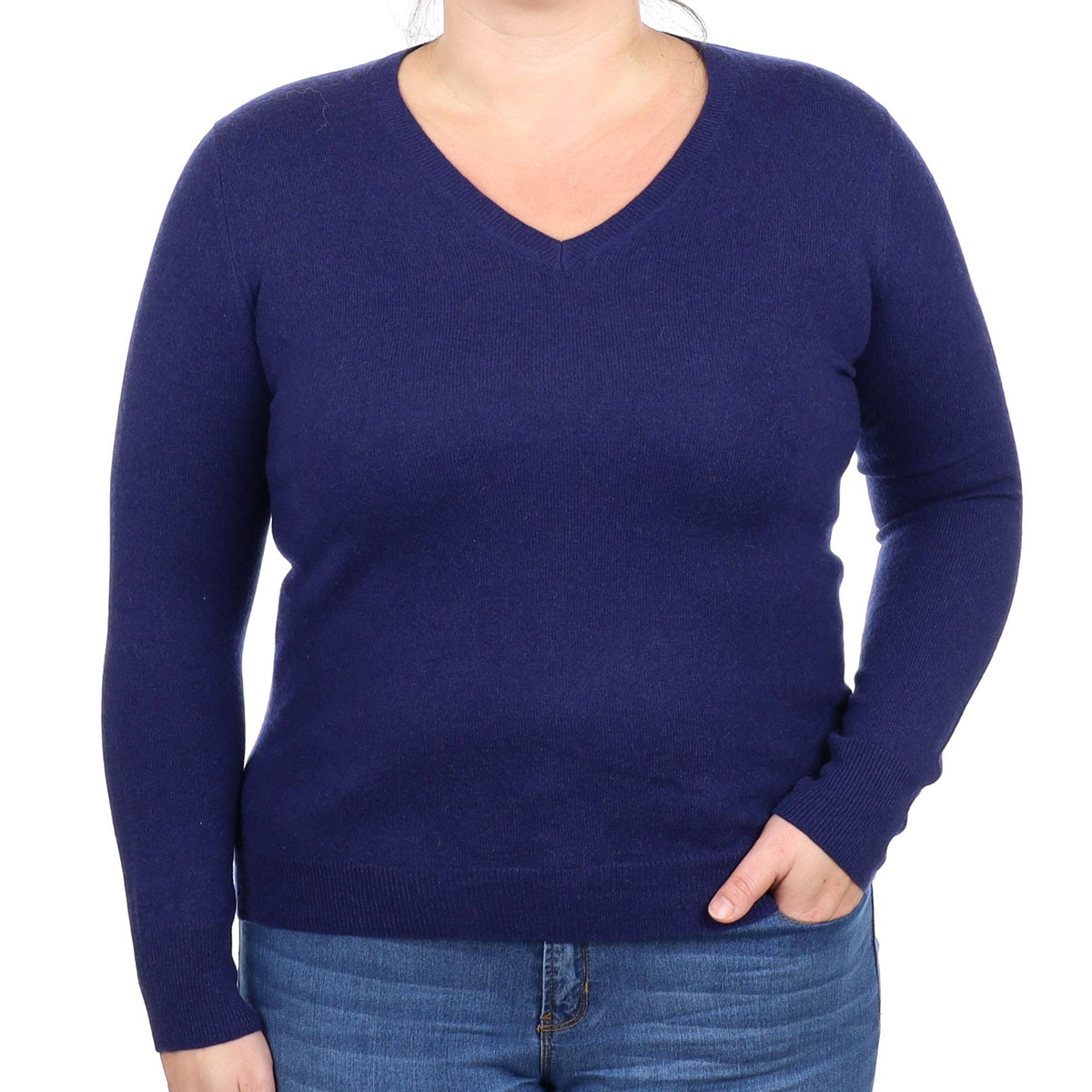 Midnight Navy Cashmere V Neck Jumper Large