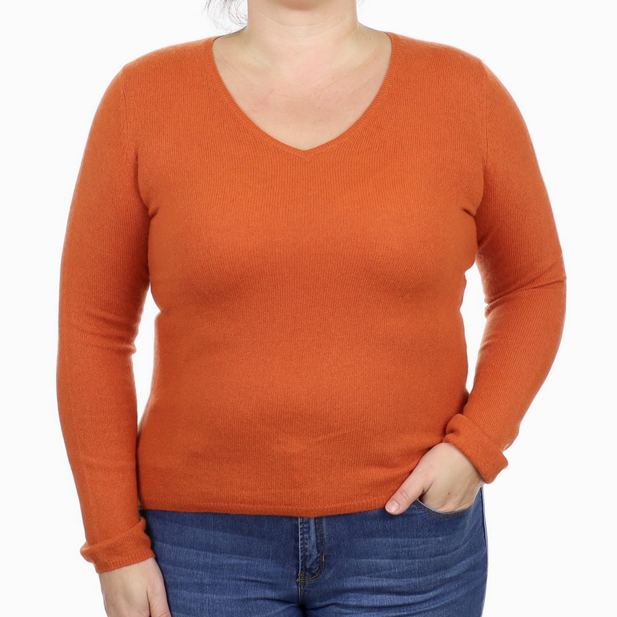 Pumpkin Orange Cashmere V Neck Jumper Large