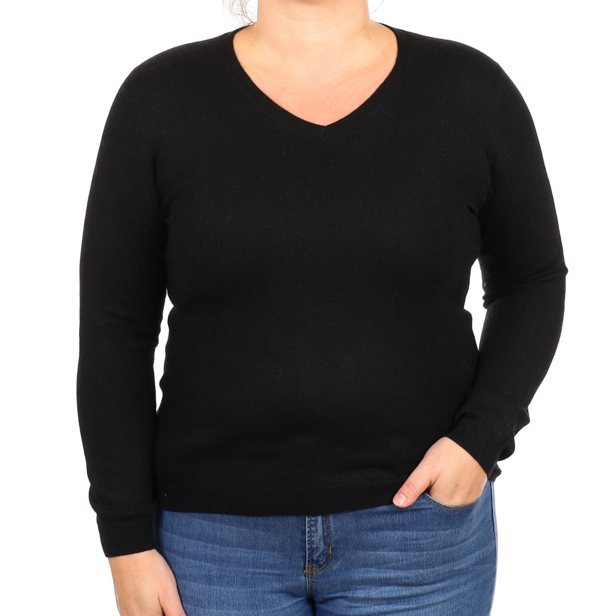 Black Cashmere V Neck Jumper Large