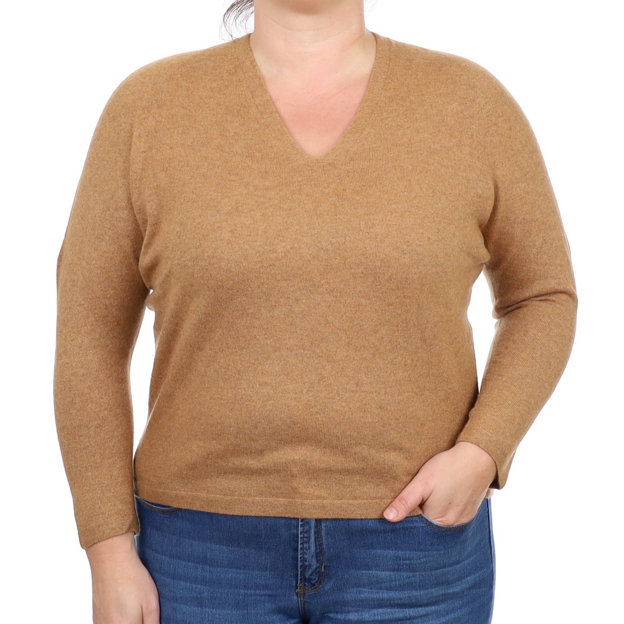 Cinnamon Brown Cashmere V Neck Jumper Large