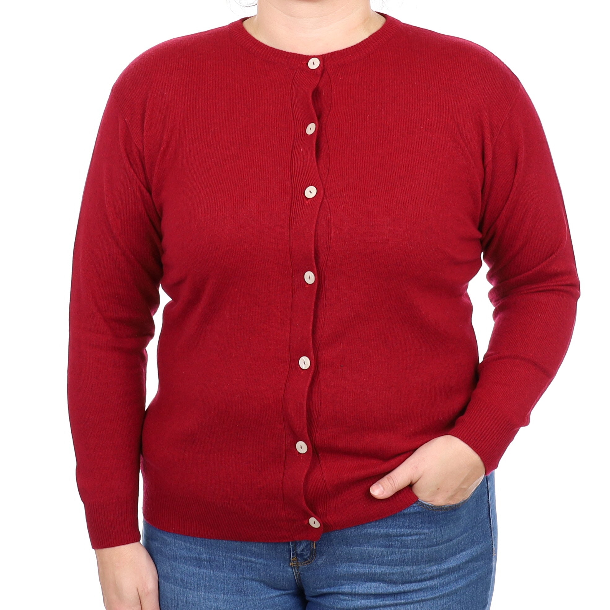 Deep Crimson Red Cashmere Crew Neck Cardigan Large