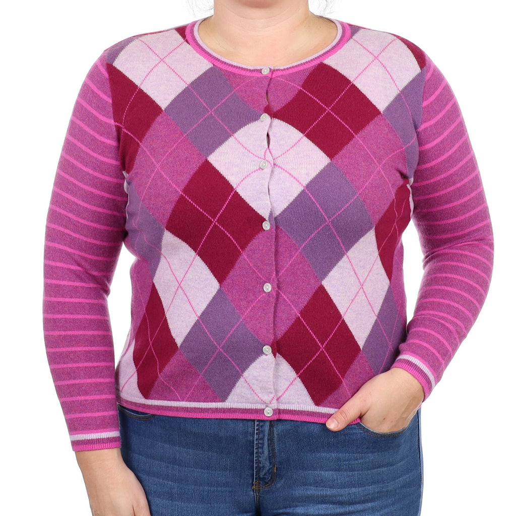 Purple Argyle Cashmere Crew Neck Cardigan Large