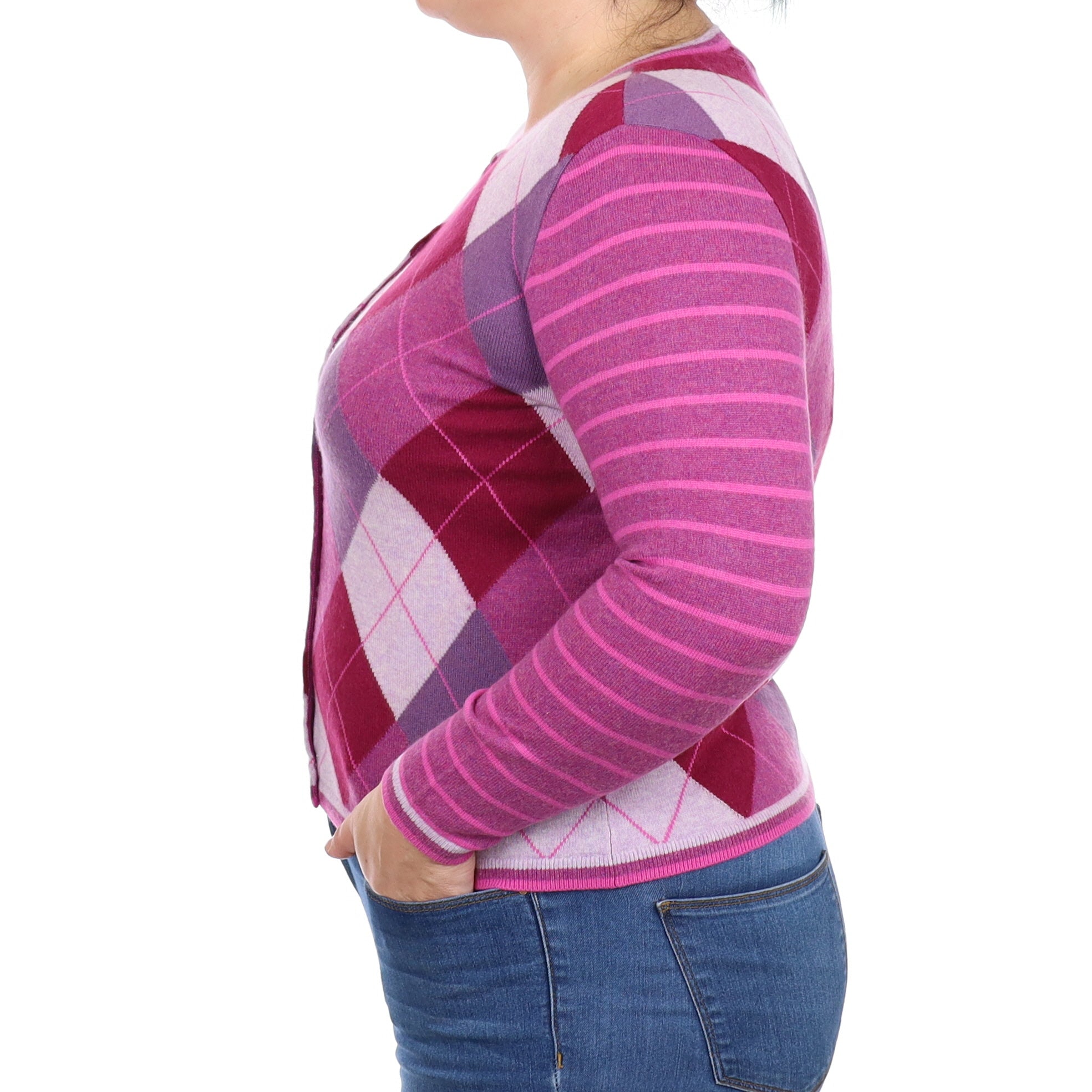 Purple Argyle Cashmere Crew Neck Cardigan Large