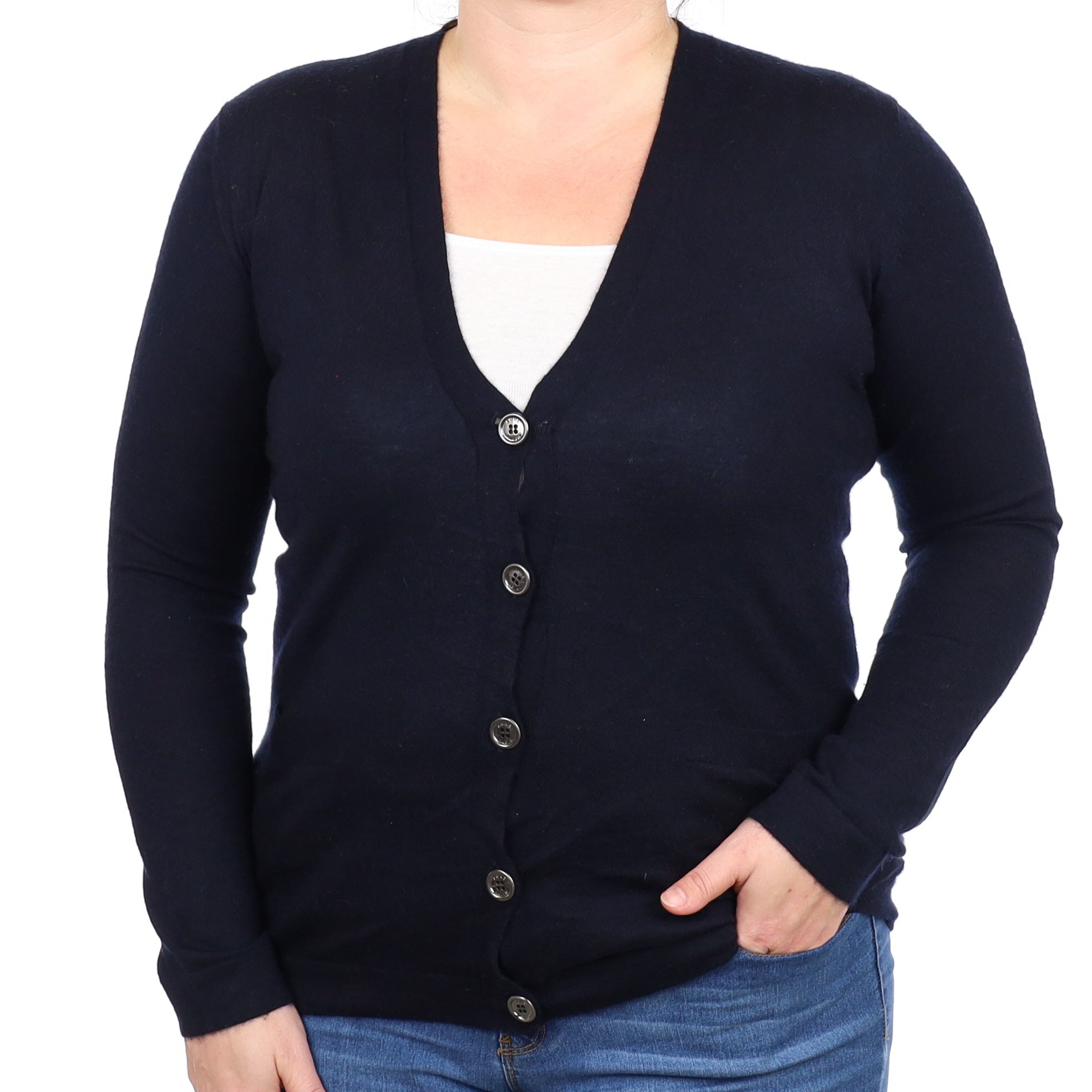 Navy Blue Cashmere V Neck Cardigan Large