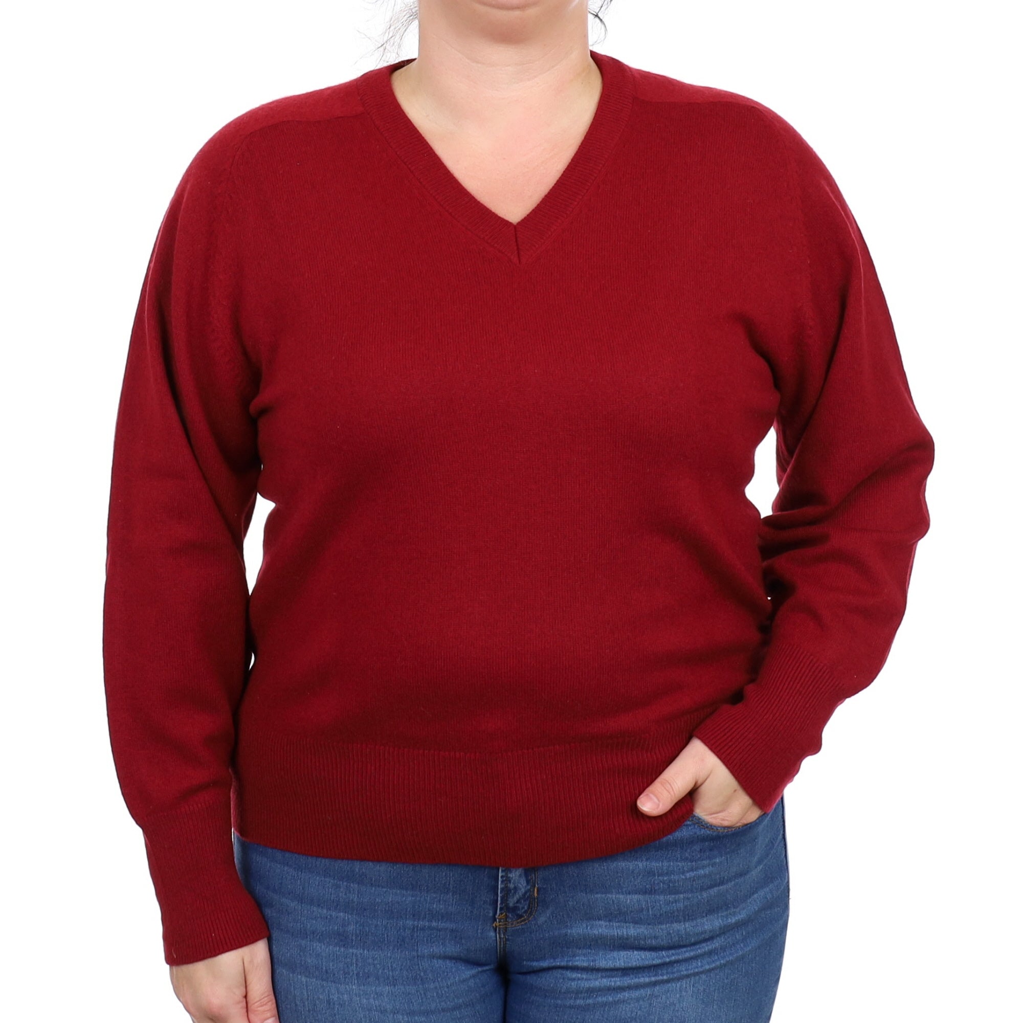 Burgundy Red Cashmere V Neck Jumper Large