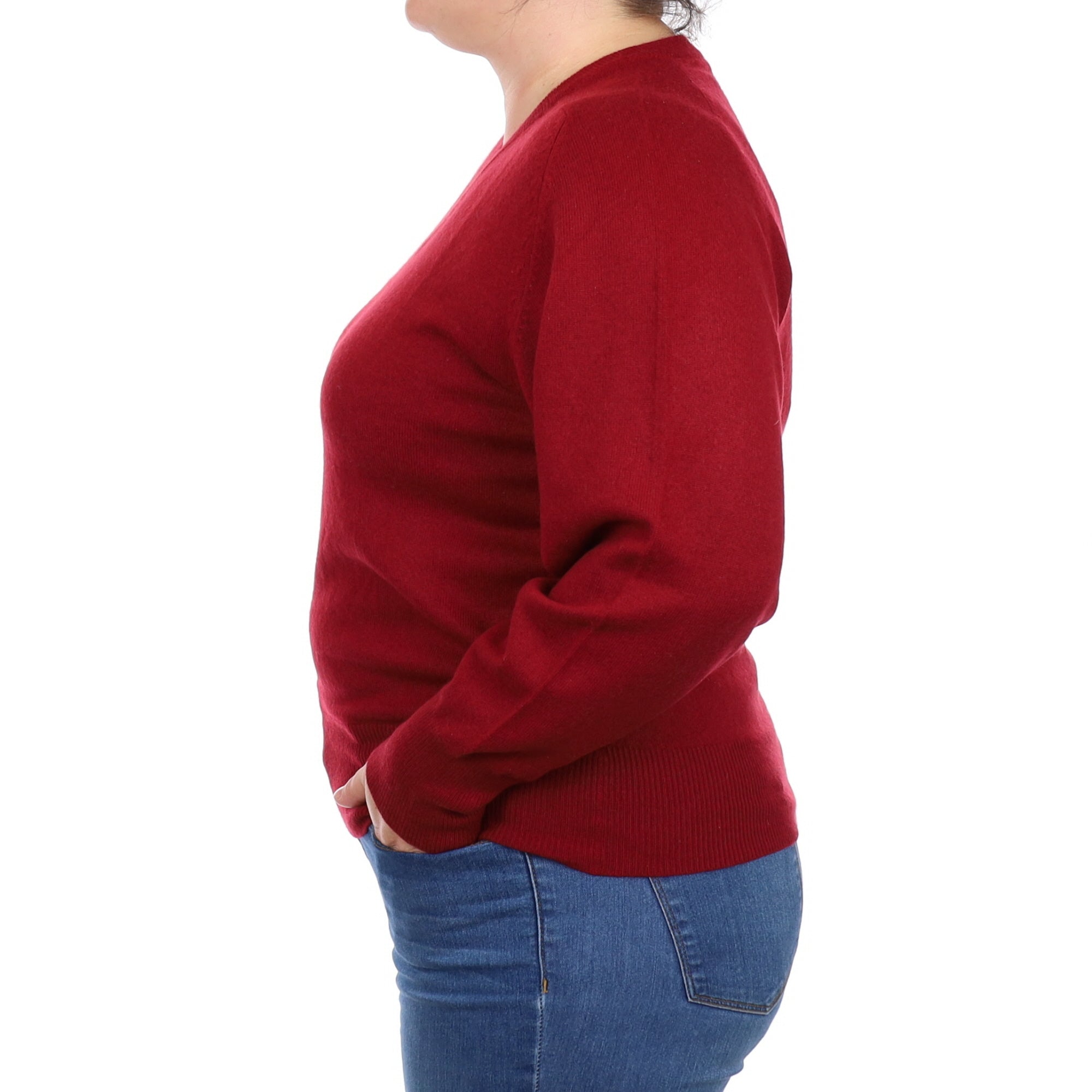 Burgundy Red Cashmere V Neck Jumper Large