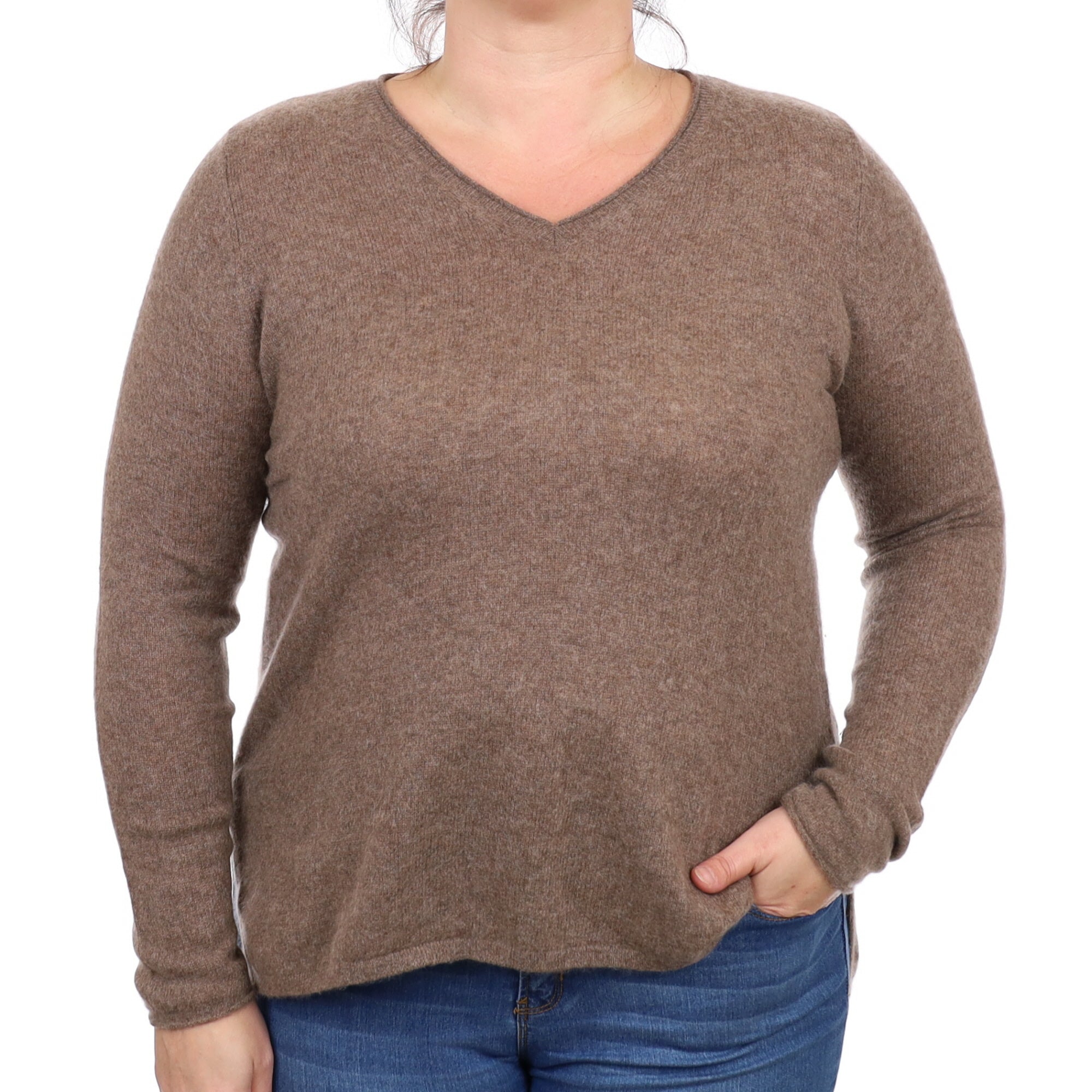 Mocha Brown Cashmere V Neck Jumper Large