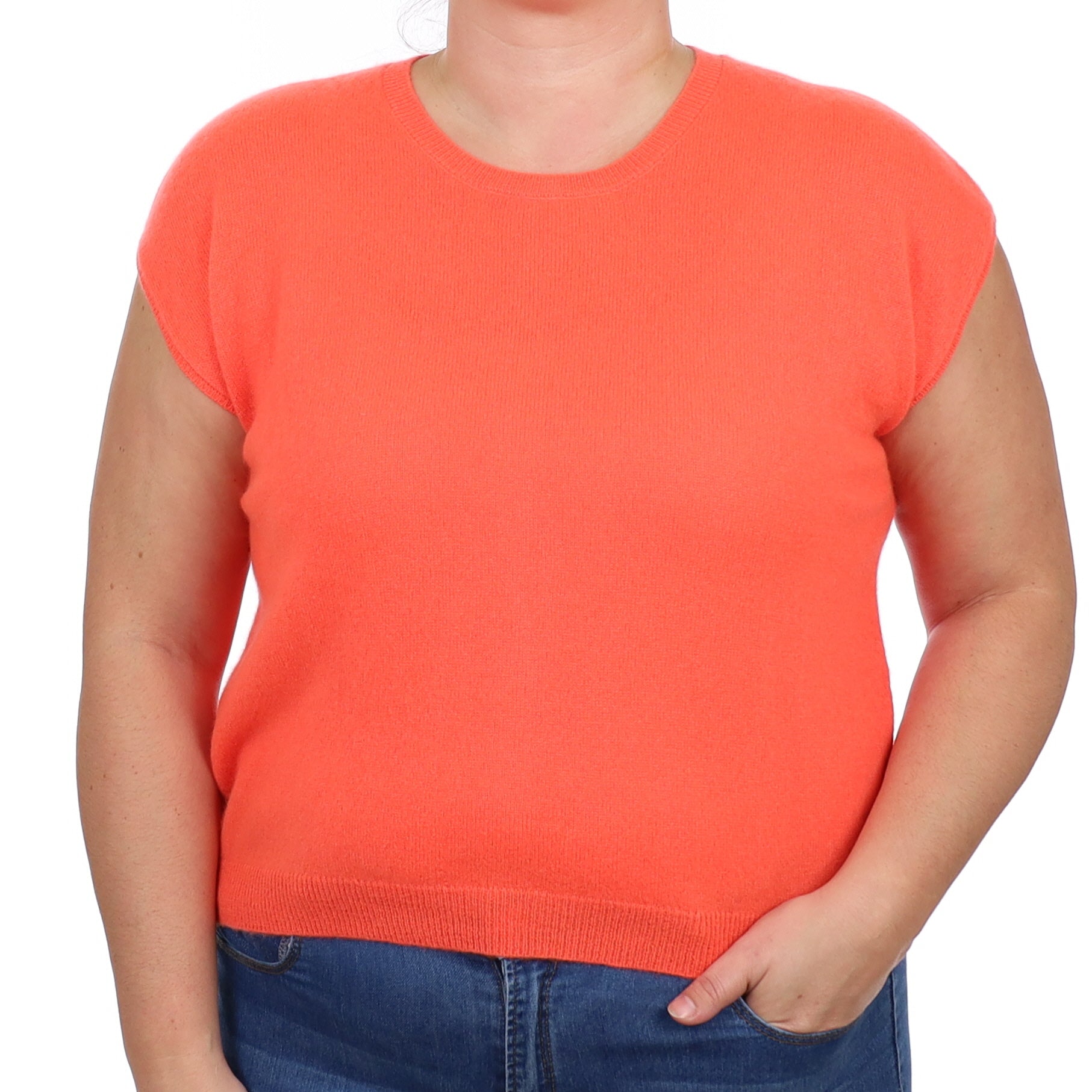 Neon Coral Orange Cashmere Crew Neck Sleeveless Jumper Large